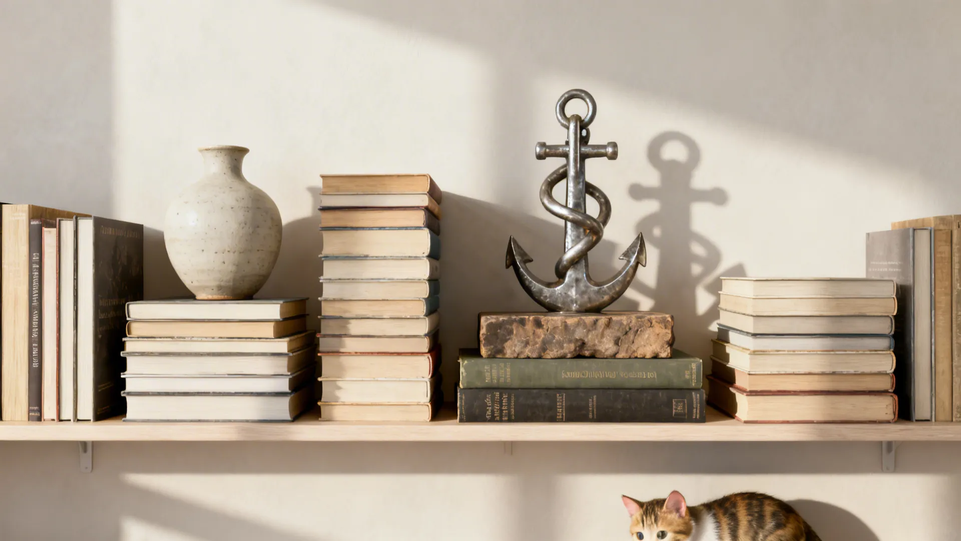 Shelves mixing horizontal book stacks with sculptural ceramics and metal accents.