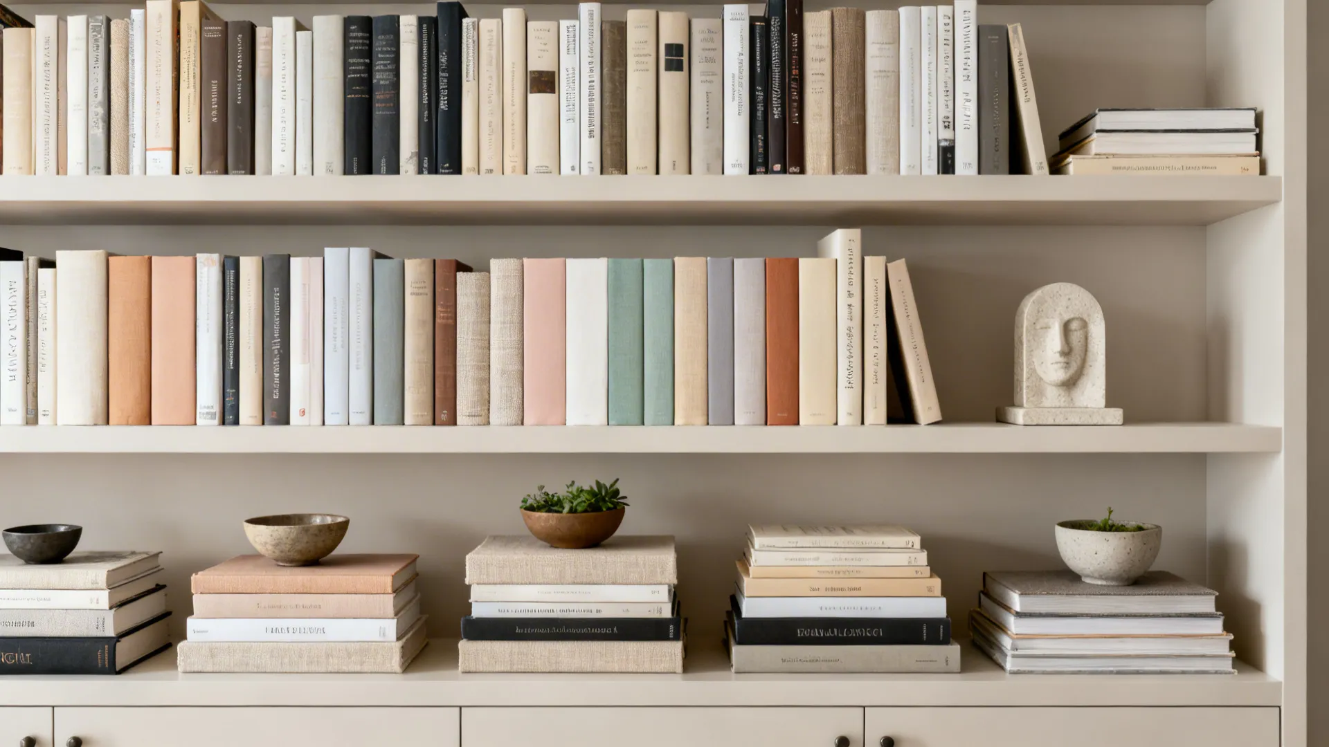 Bookcase with mixed vertical and horizontal stacks, bowls, and a sculptural bookend.