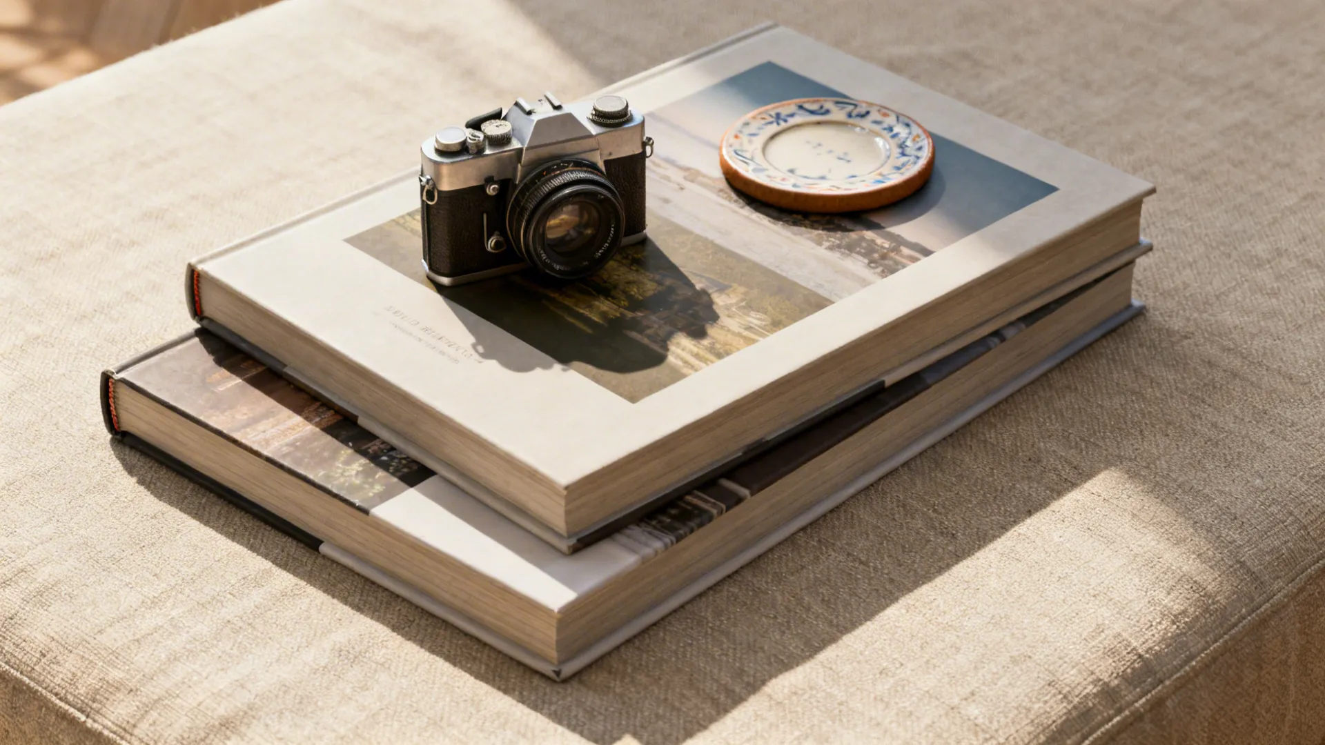 4. Coffee table books layered with personal objects
