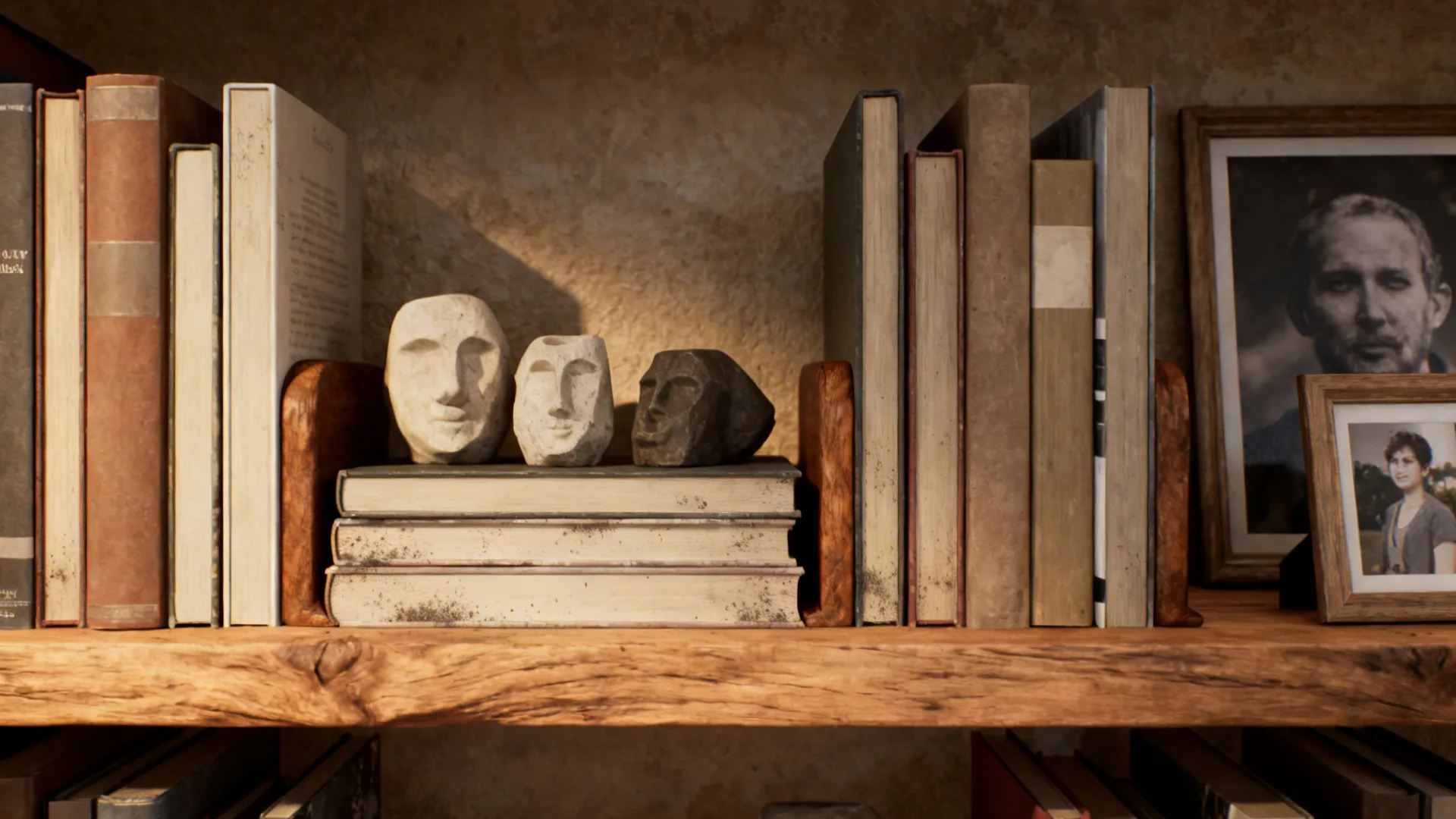 Shelf close-up with vertical books, sculptural objects, framed photos and bookends arranged in odd-number groupings.