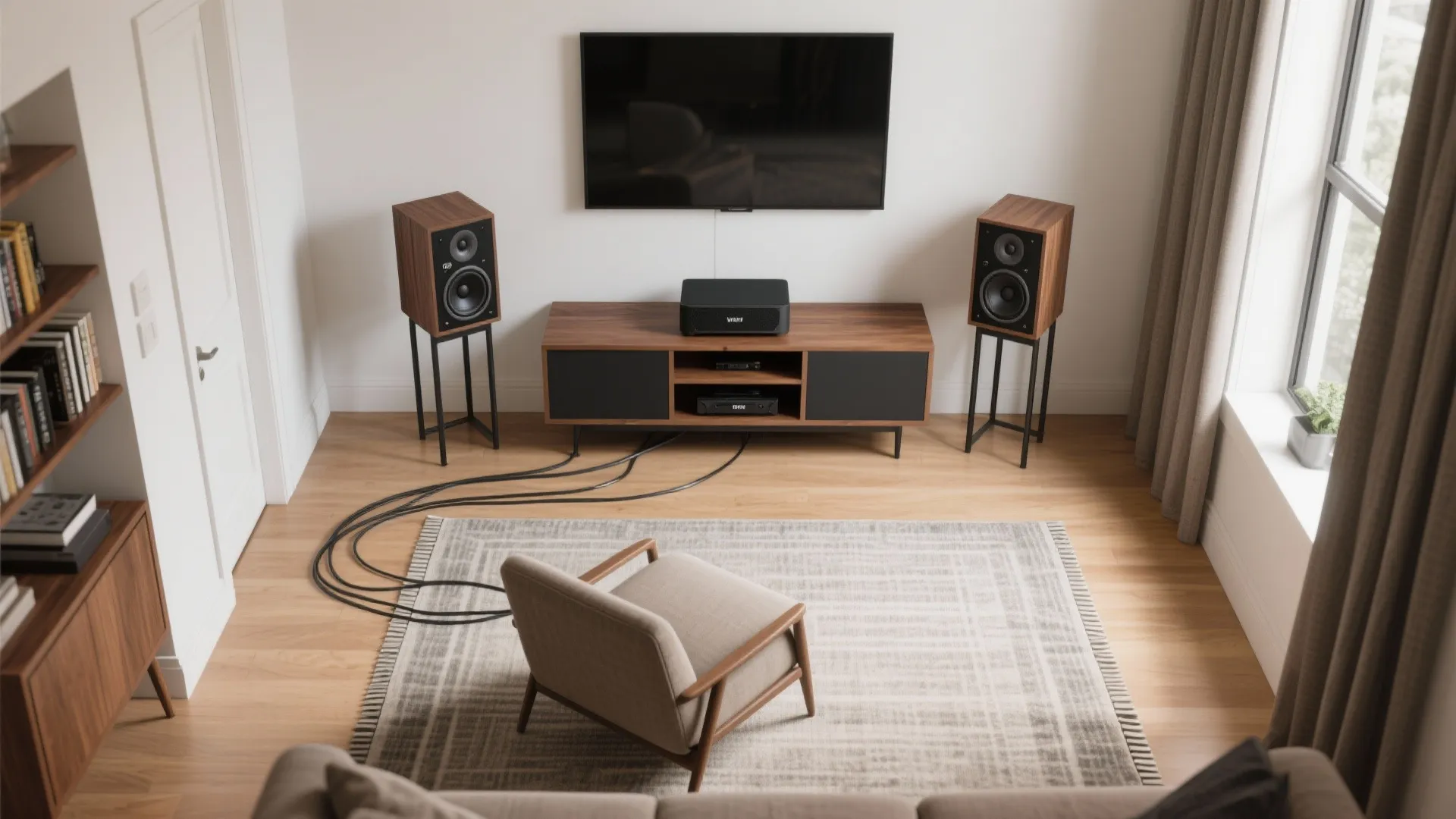 Top-down layout showing two bookshelf speakers and a compact sub along the front wall with a centered listening seat.