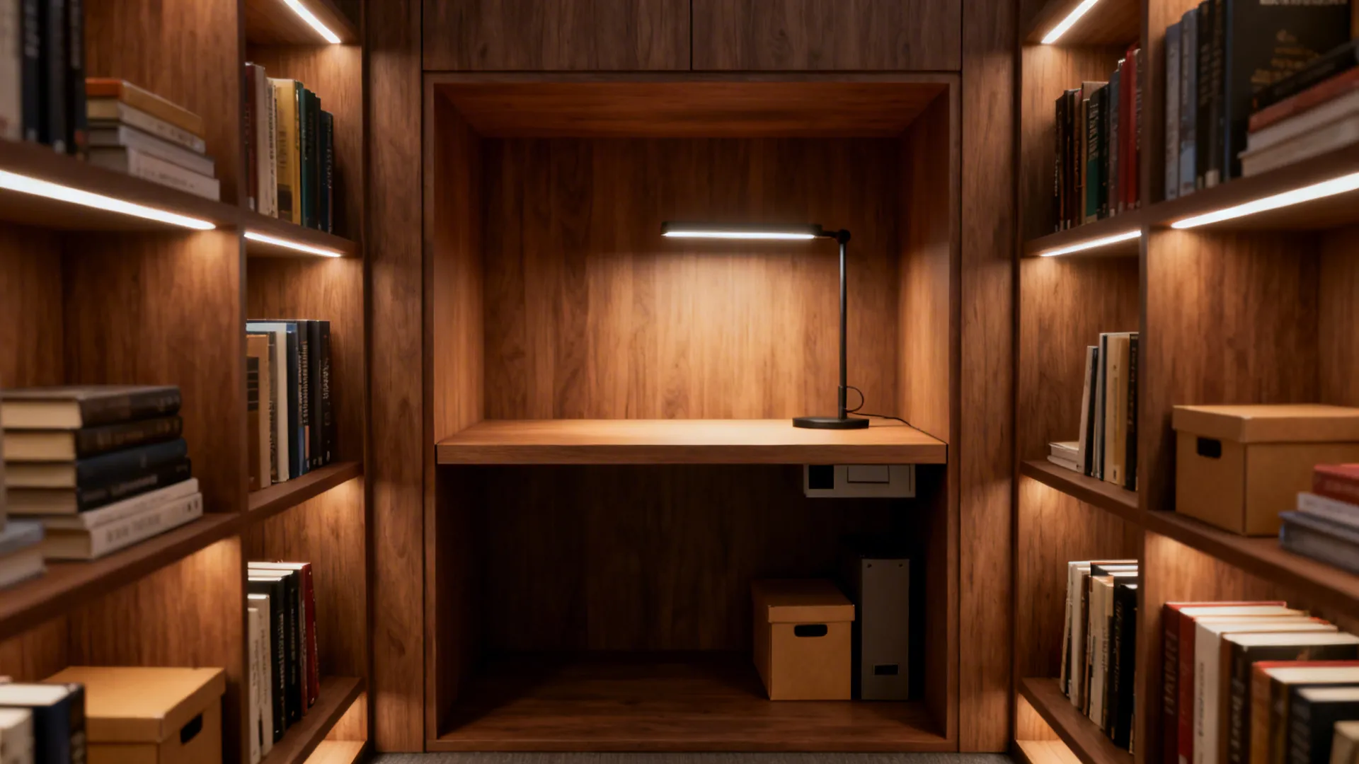 Small alcove desk framed by built-in shelving with task lighting and organized storage.