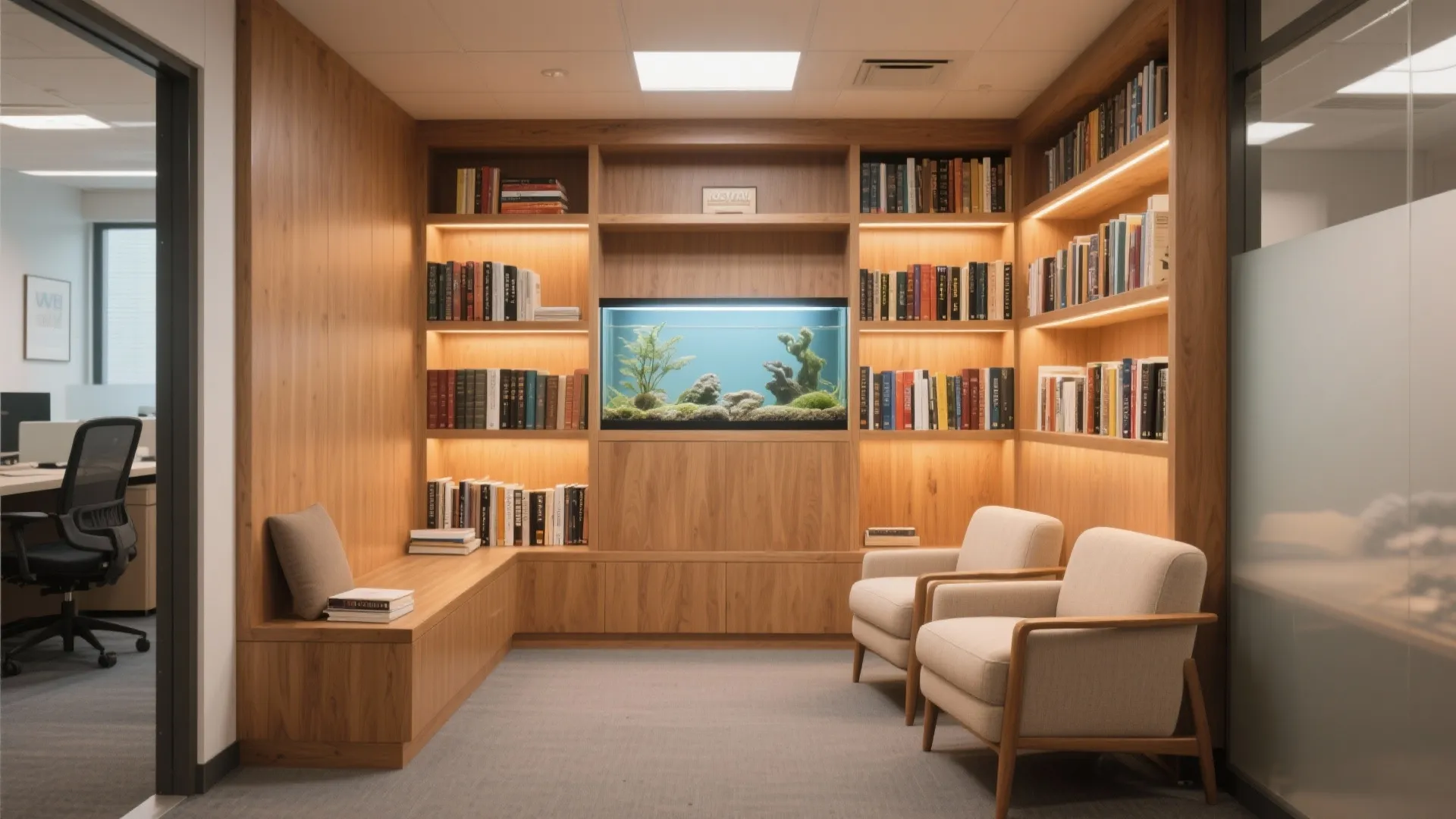 Wooden bookshelf with an integrated fish tank plus two beige armchairs and warm soft lighting