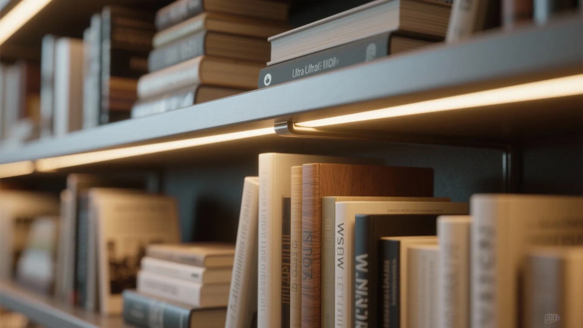 Modern dark grey bookshelf featuring warm led strip lights under shelves with various standing books