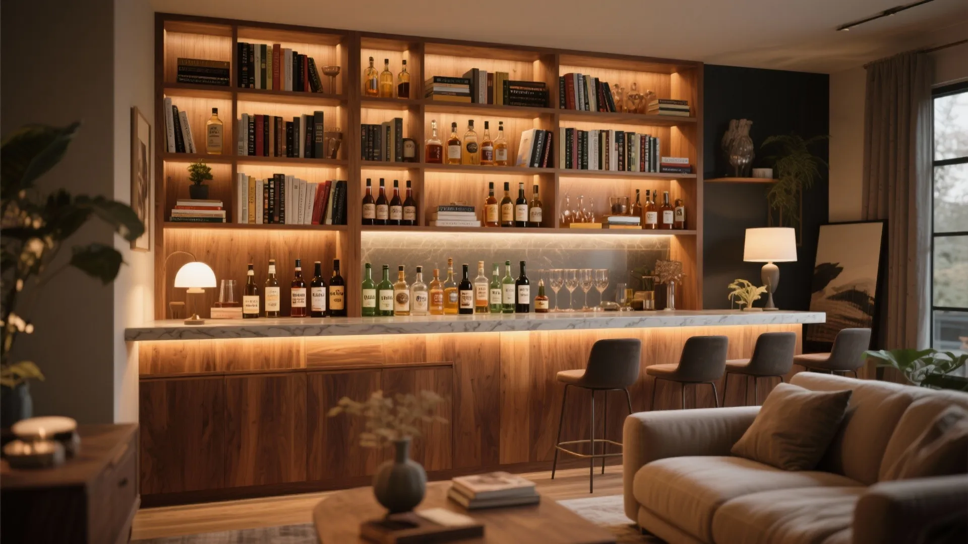 6. Integrated Bookshelf and Bar Unit