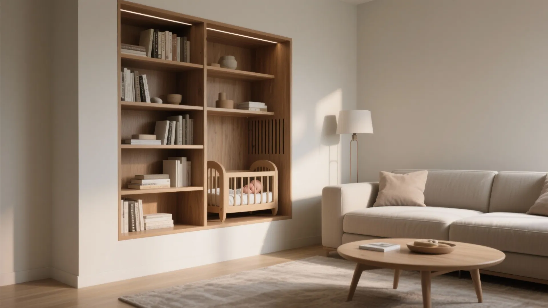 Modern living room with built-in wooden bookshelf including a baby bed, beige sofa and rug