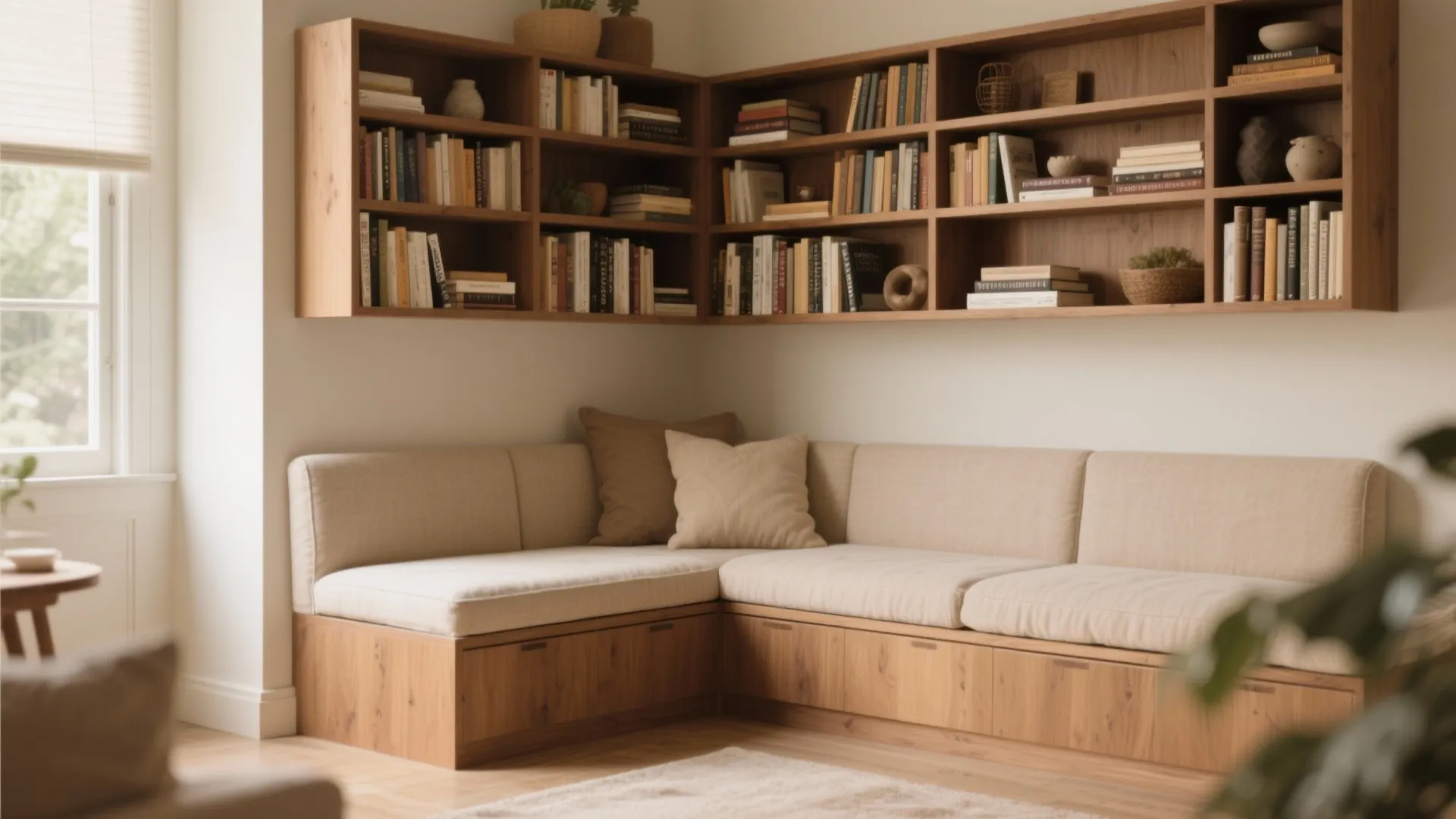 Modern wooden corner bench with white cushions beneath a matching wall mounted shelf with books