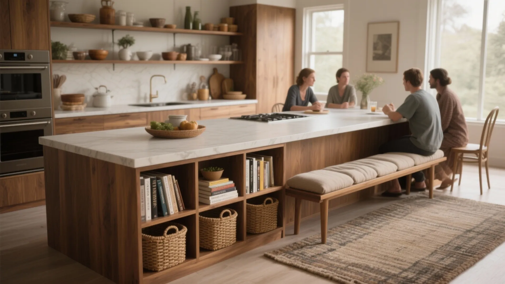 Modern wood kitchen island with built in bookshelf and long padded bench for family dining