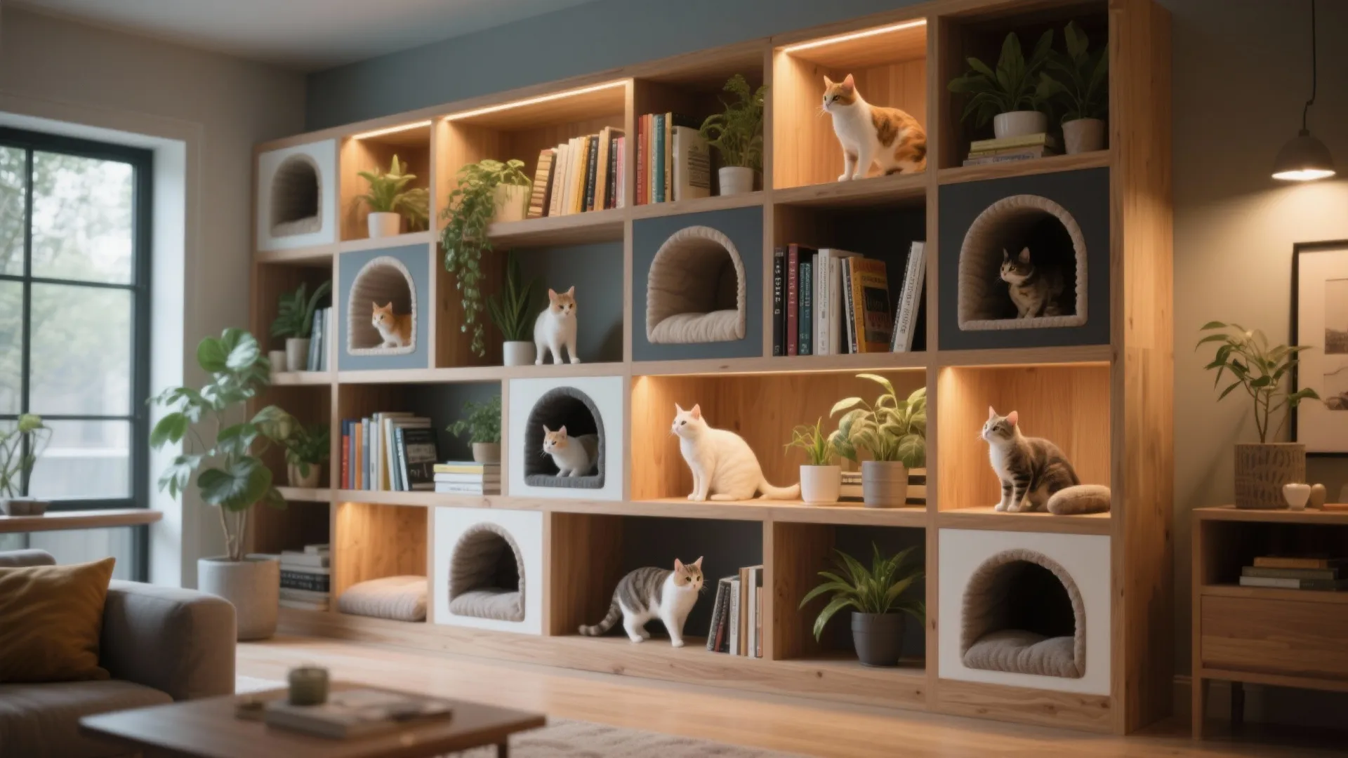Large wooden bookshelf with built in cat houses green plants books and warm led light fixtures