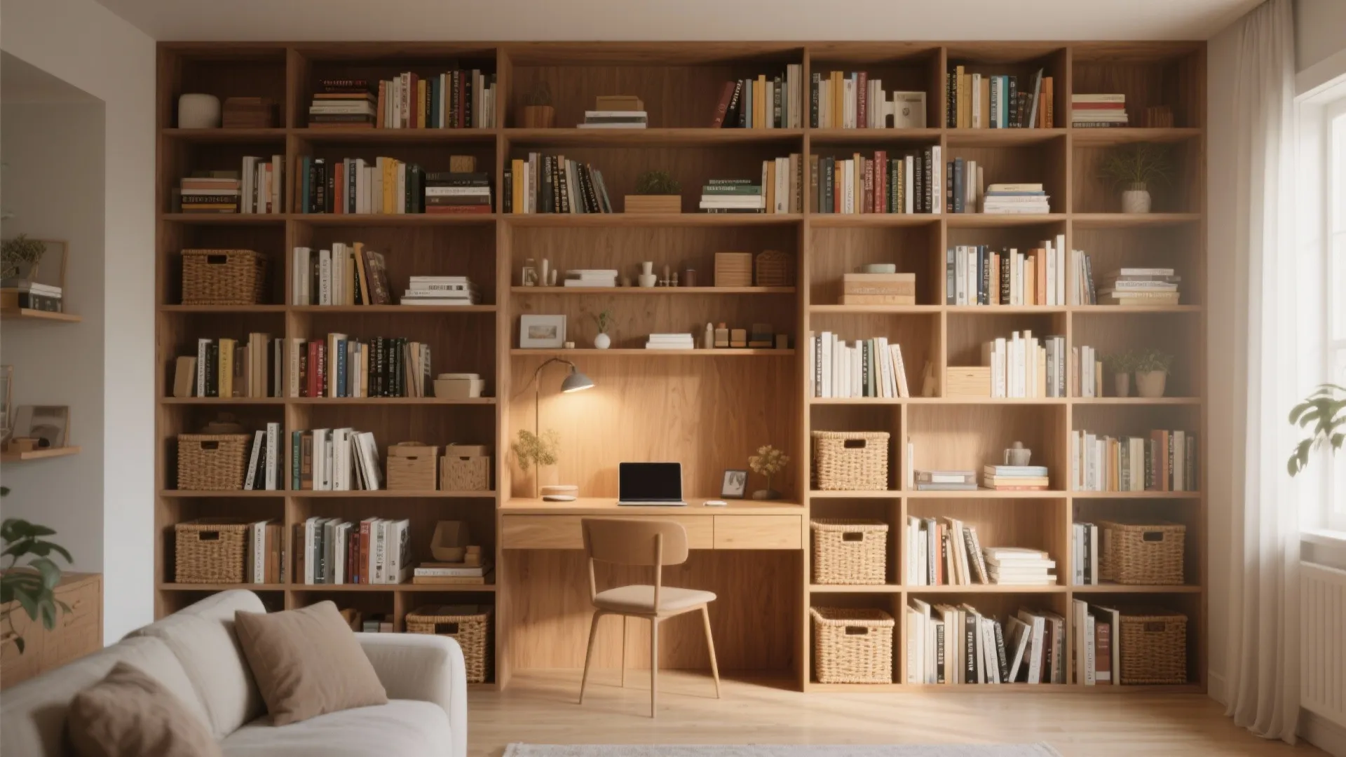 Large wooden wall bookshelf with integrated study desk laptop chair and warm light fixture setup