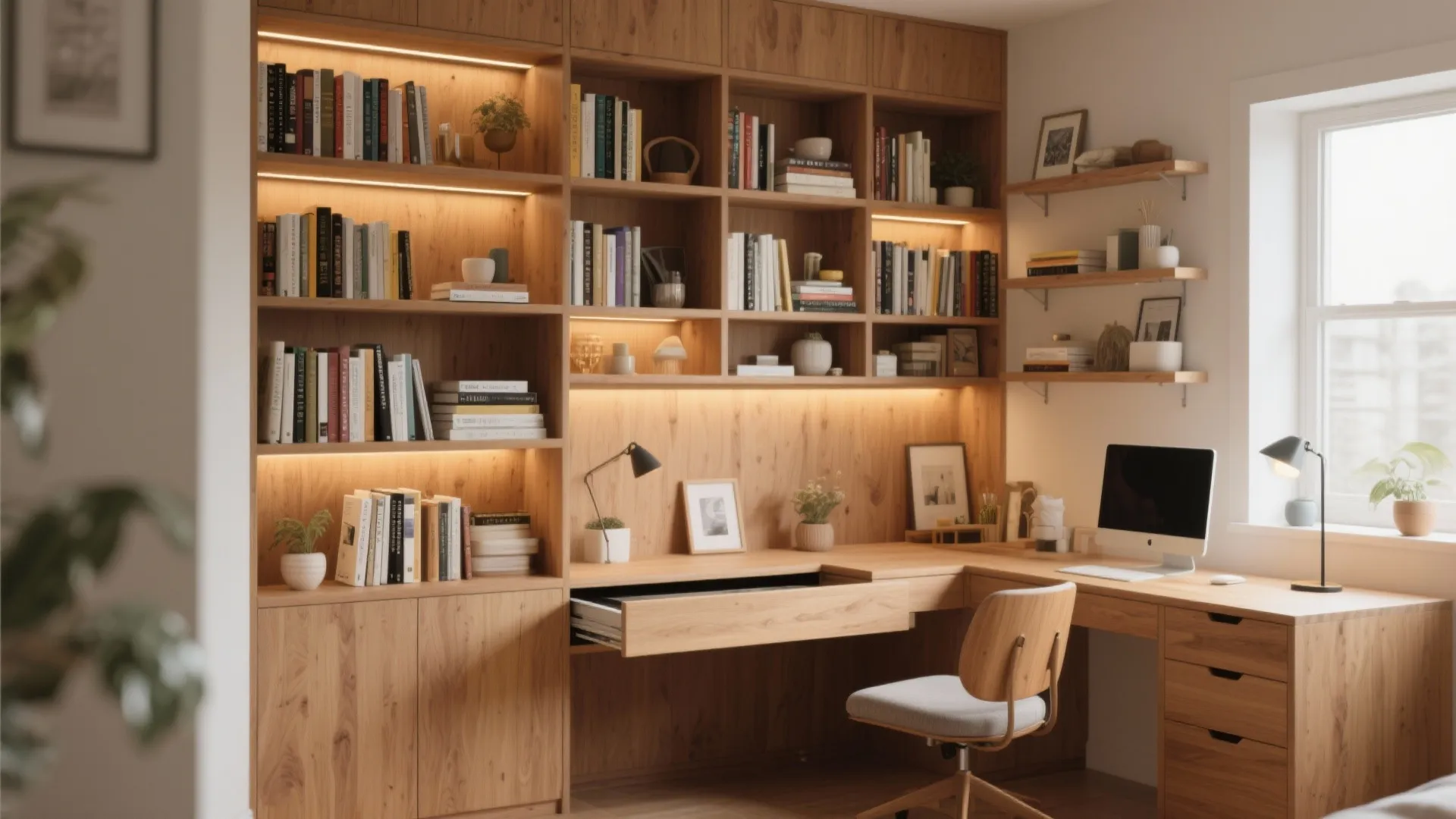 Modern wood home office with large bookshelf built in desk computer chair and warm lighting