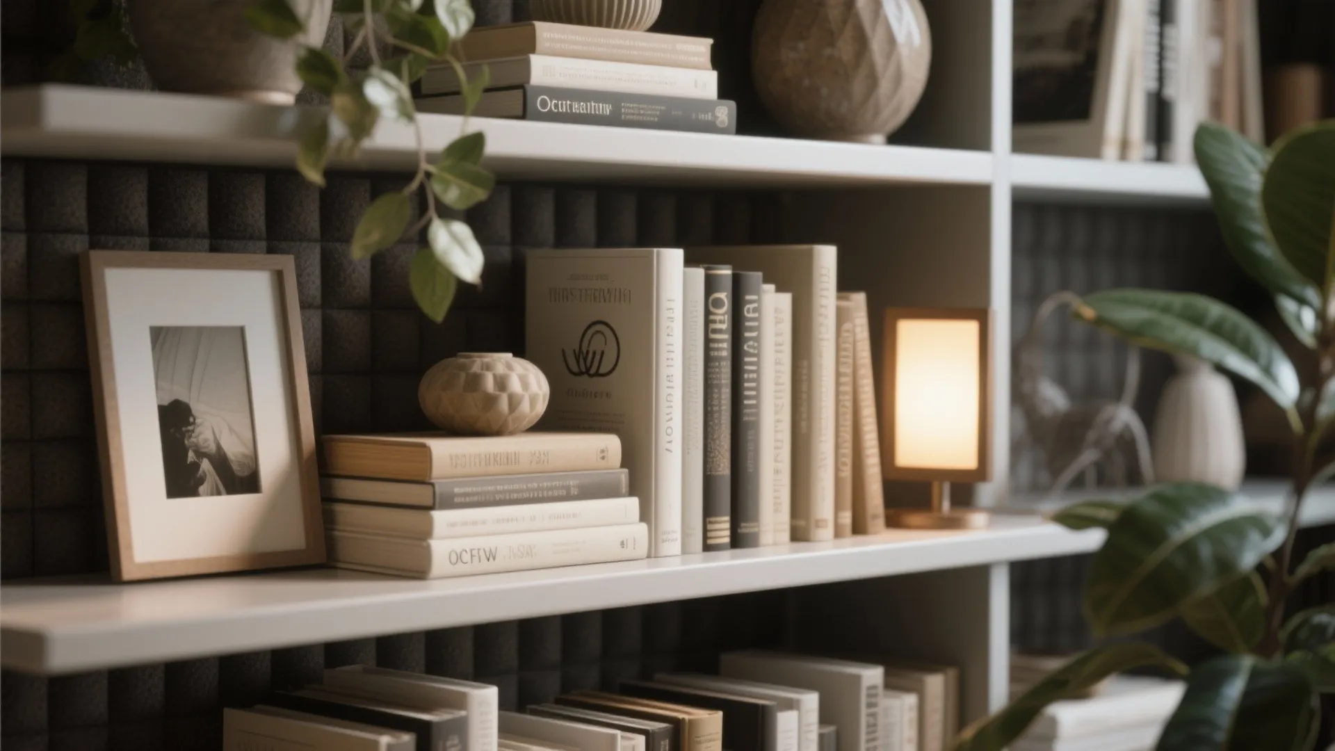Close-up of bookshelf with neat books, small table light, picture frame, and green plant leaves
