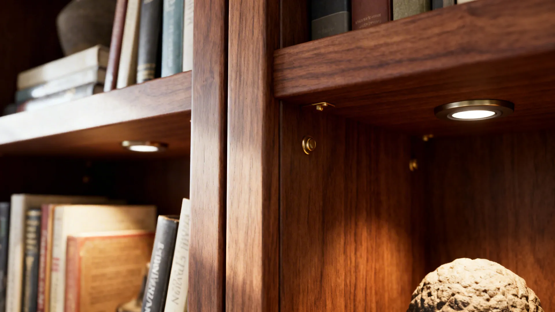 Macro of walnut shelf with matte finish and recessed puck light illuminating books.