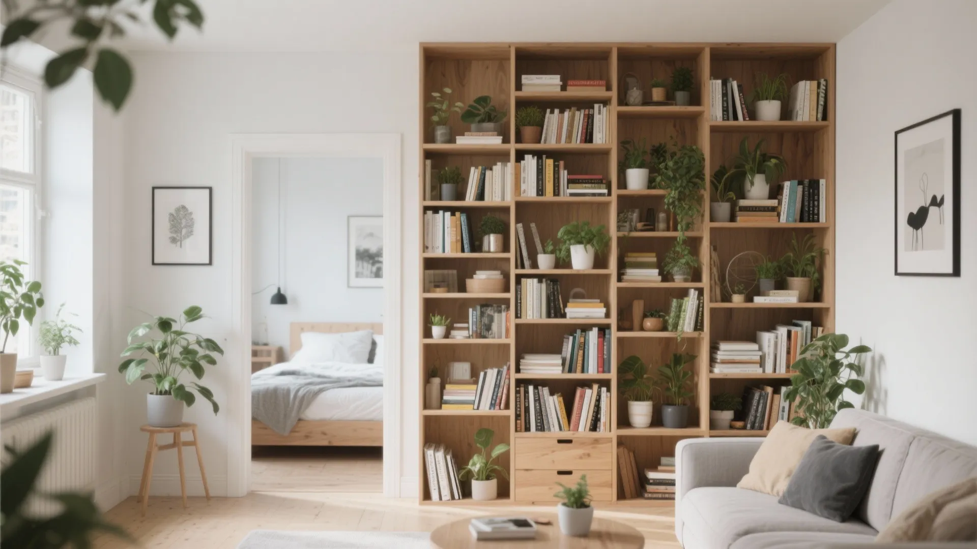 3. Wooden Bookshelf Room Divider