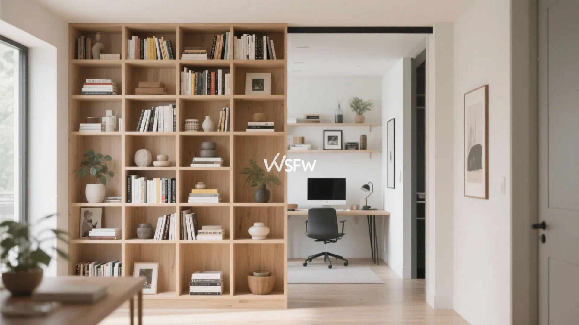 Large wooden bookshelf used as a room divider between a living area and home office