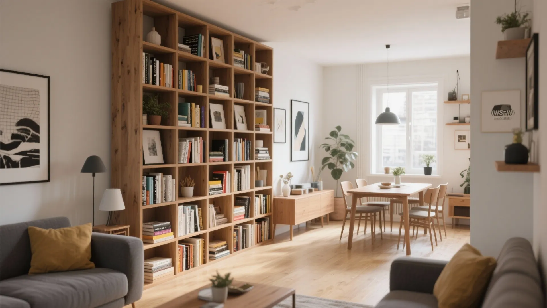 Floor-to-ceiling bookshelf dividing living and dining area