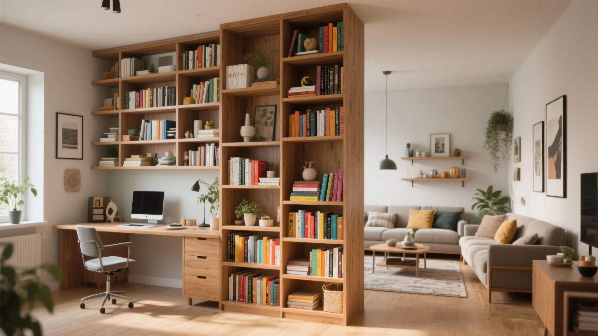 Large wooden bookshelf used as a divider between a home office desk and living room