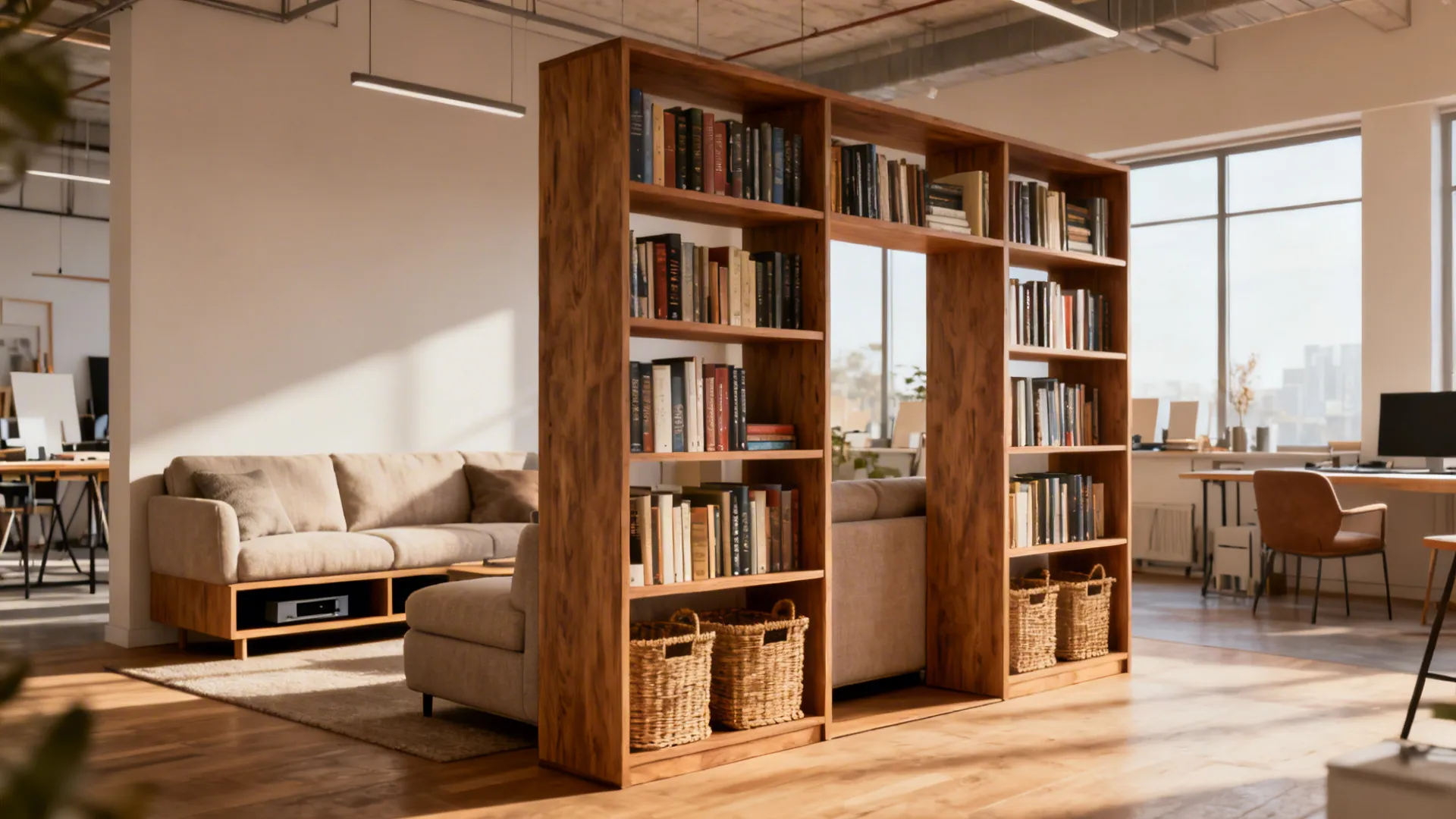 Large wooden bookshelf used as room divider between living area sofa and bright home office space