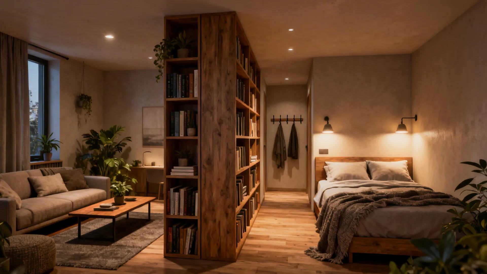 Double-sided bookcase dividing a living area and bedroom, styled with books, plants, and soft lighting.