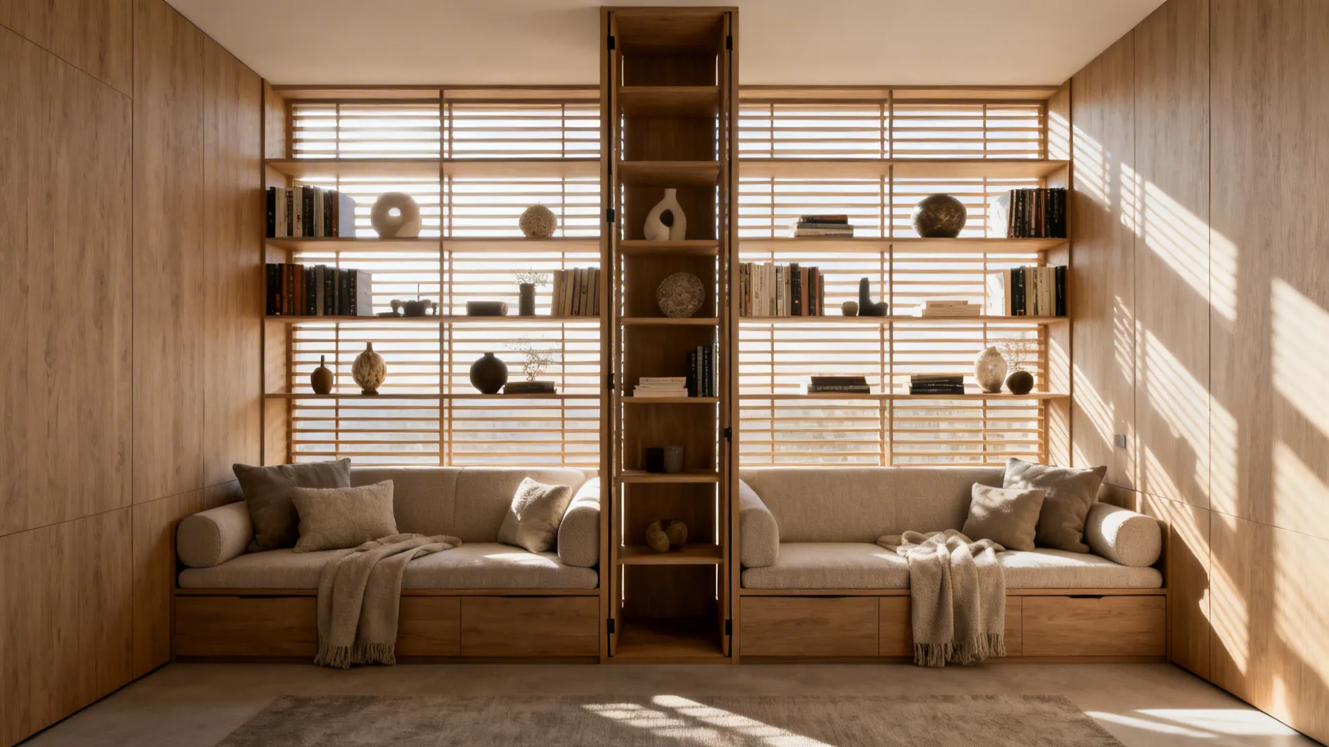 Large wooden bookshelf divider with built in sofas on both sides facing window with light
