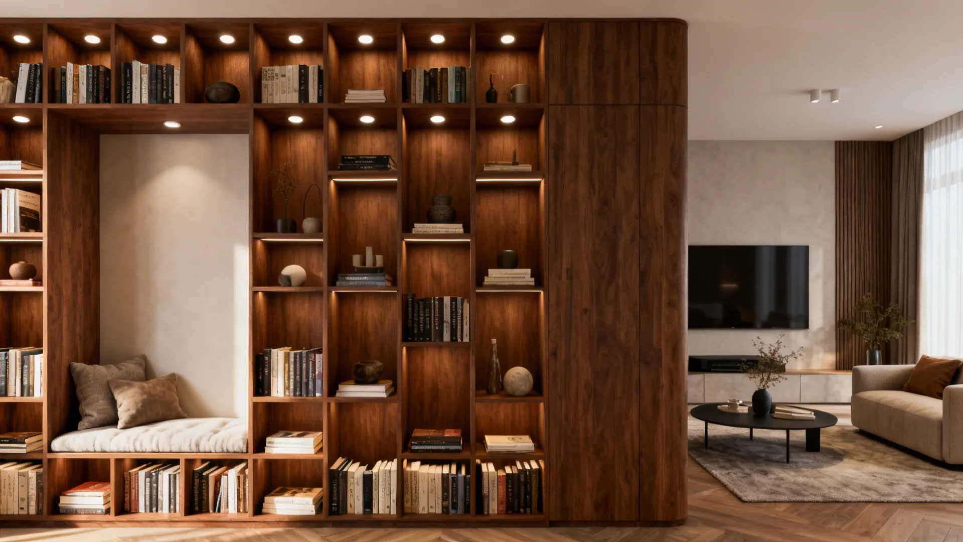 Double-sided walnut bookshelf partitions drawing and living areas with curated lighting.
