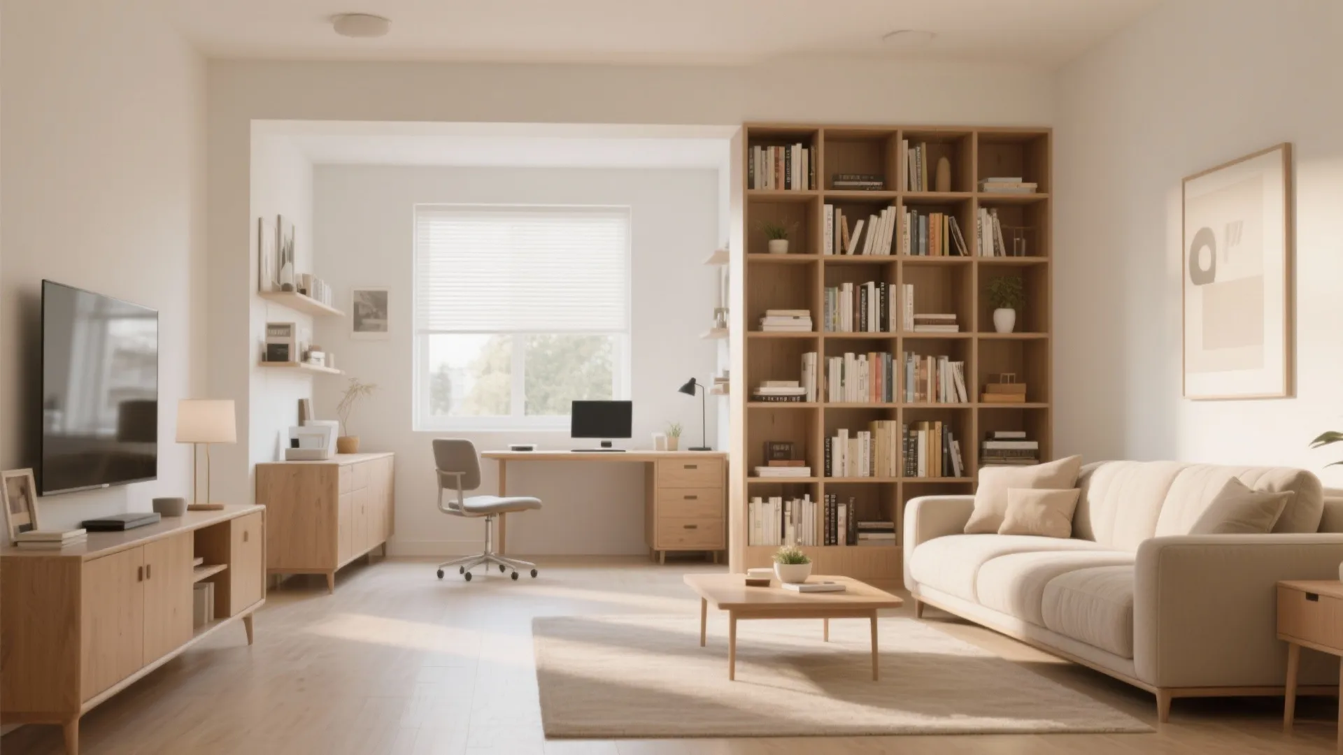 Modern living room with wooden bookshelf divider separating a home office desk and beige sofa