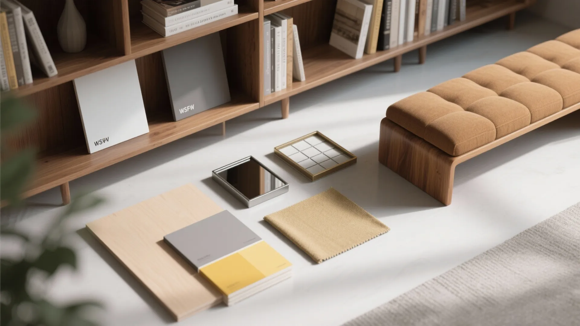 Modern interior design materials on white floor with wooden bookshelf and brown padded seating bench