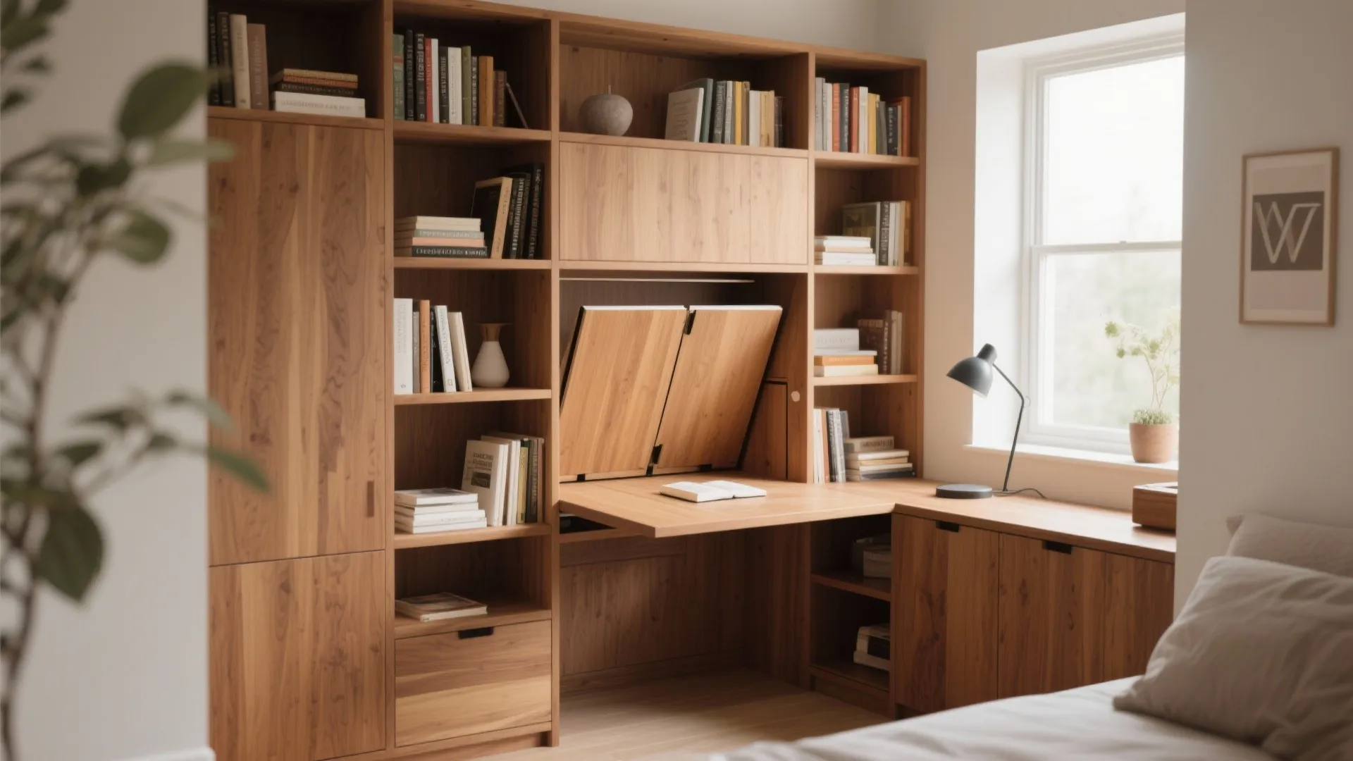 Large wooden cabinet with built-in bookshelves and a pull out desk for a small bedroom