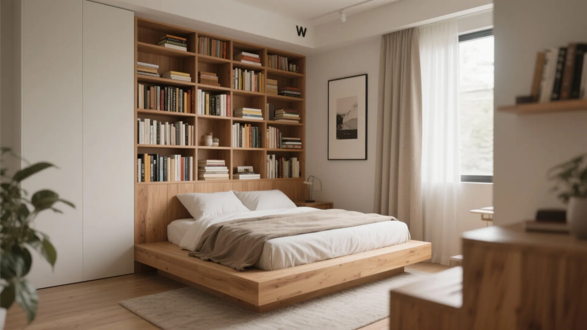 Platform Bed with Bookshelf Headboard