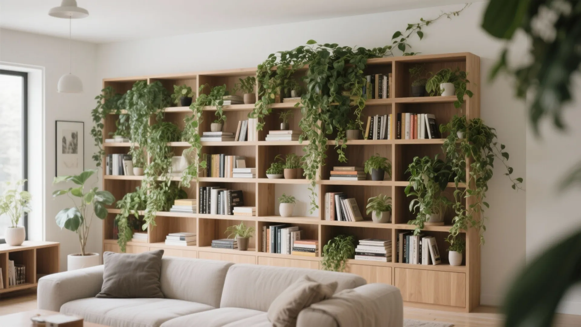 Large wooden bookshelf filled with many books and hanging green plants behind a grey sofa
