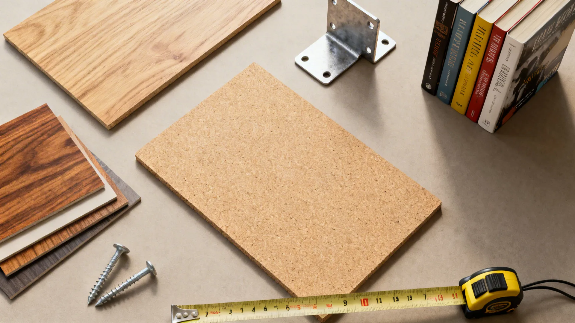Top-down layout of bookshelf material samples, anchors and tools for planning builds.