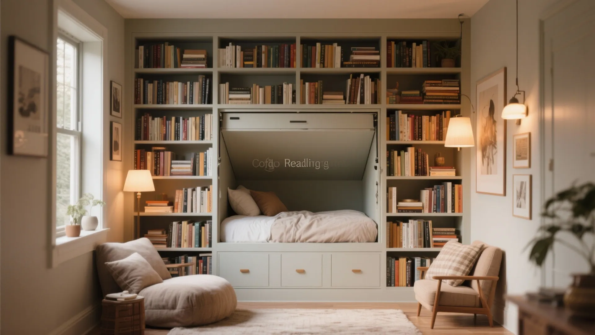 Bookshelf in a reading nook that hides a Murphy bed