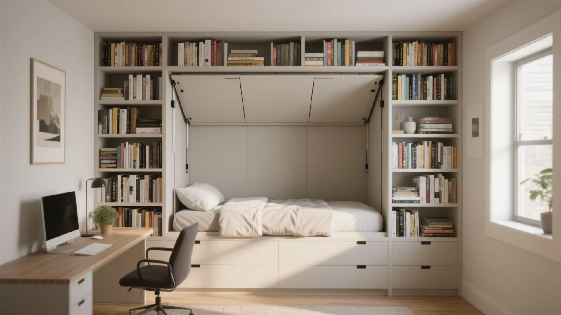 A cozy bedroom with a wall bed surrounded by bookshelves and a small study desk