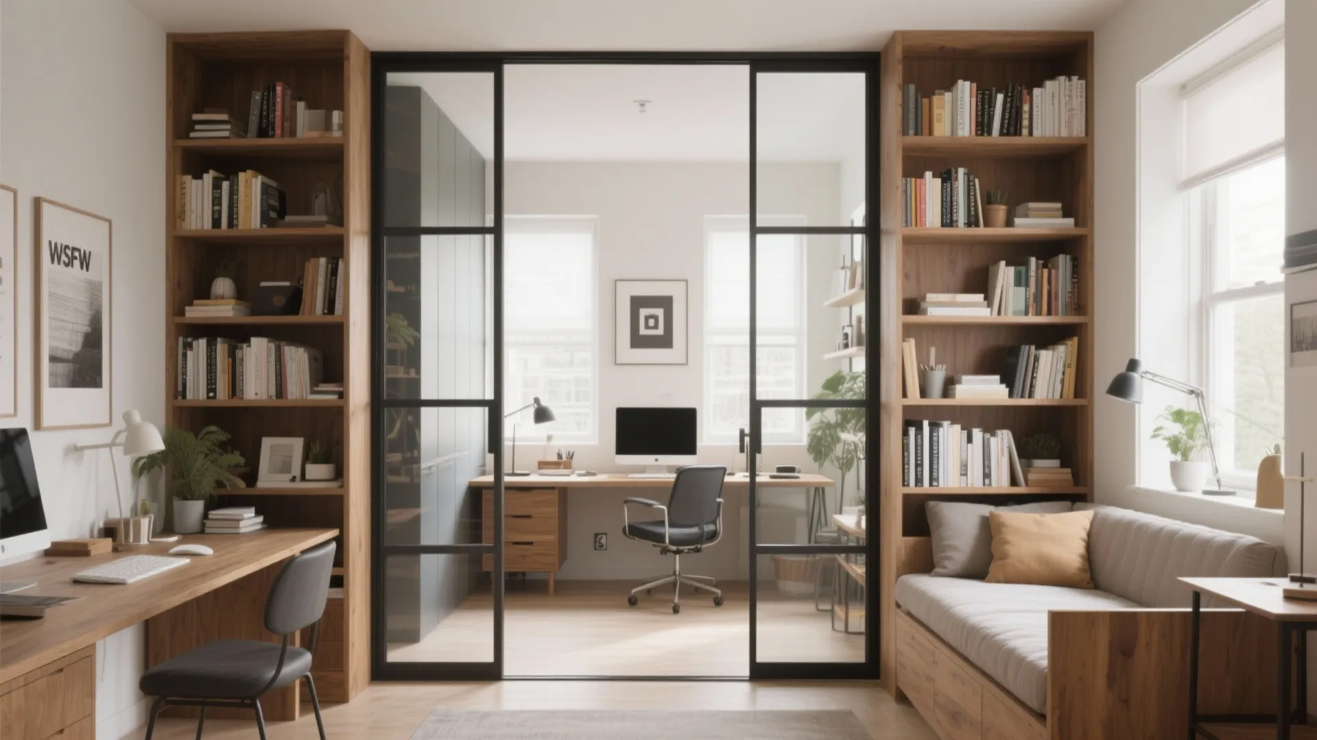 Open bookshelf partition between desk and daybed