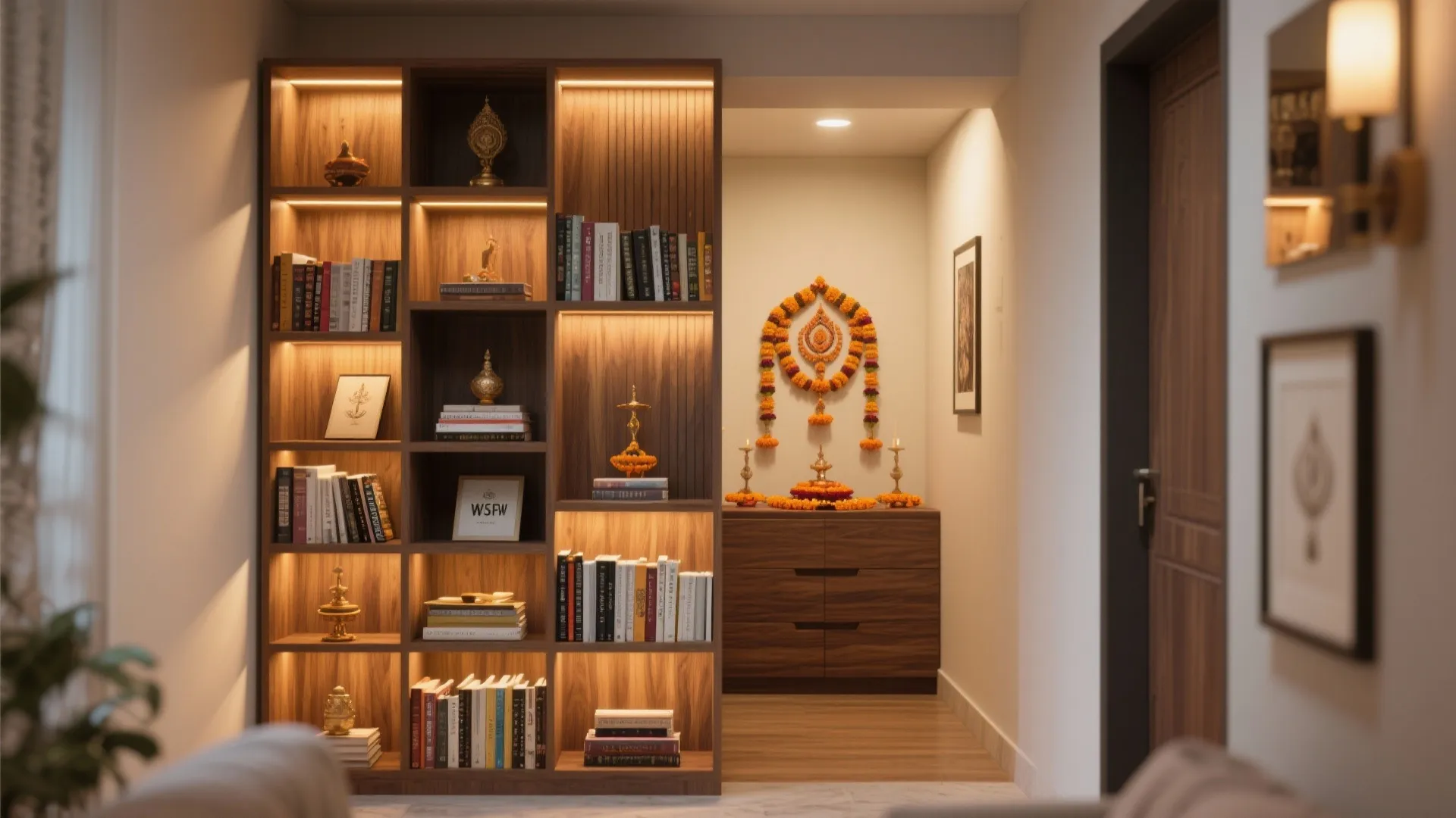 Modern wooden bookshelf acting as a room divider next to a simple prayer corner cabinet