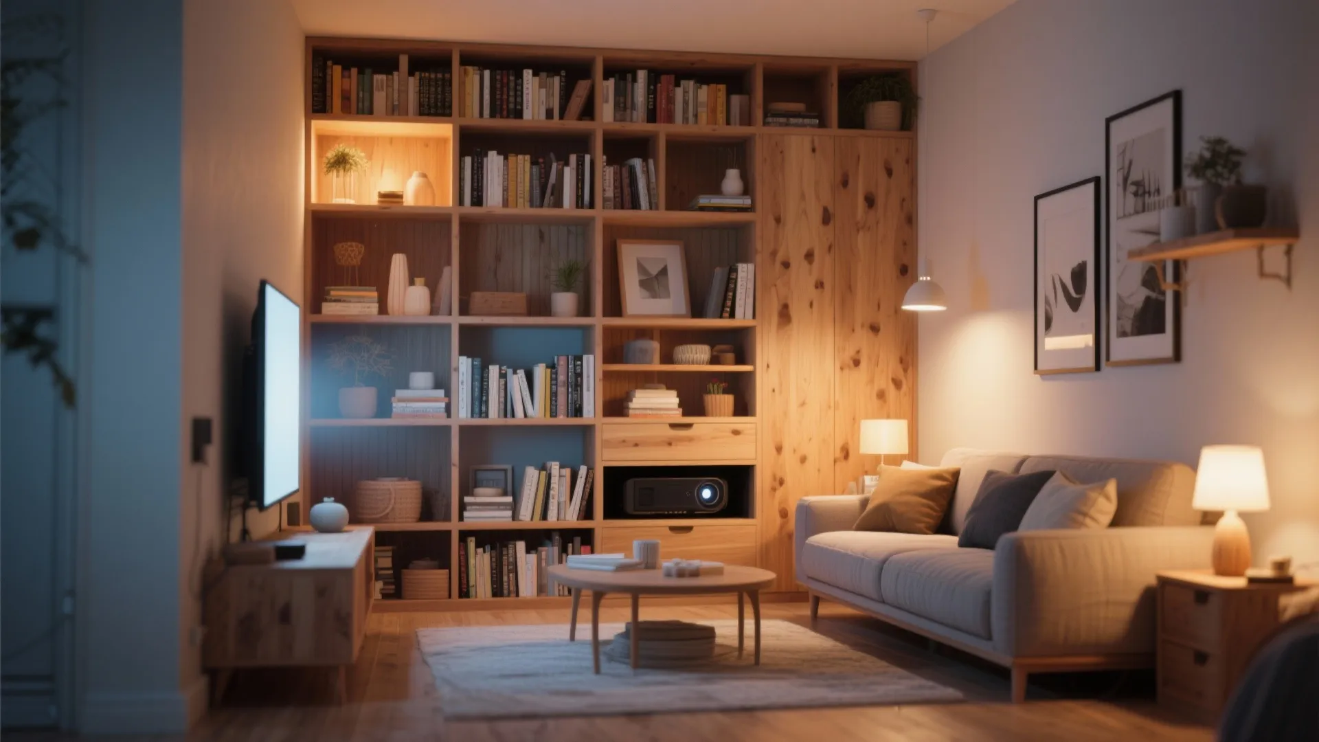 4. Integrated Bookshelf & Projector Slot