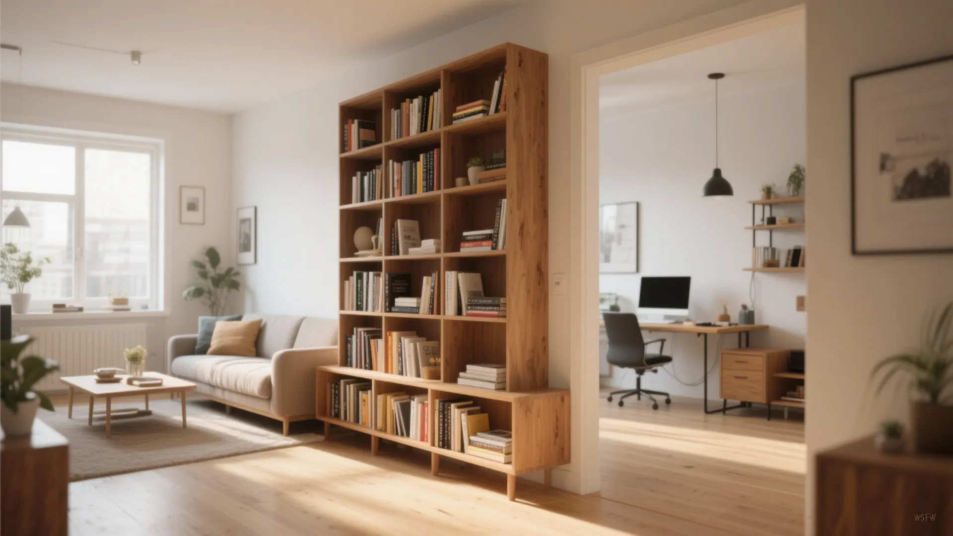 Large wooden bookshelf serving as a room divider between the living room and home office