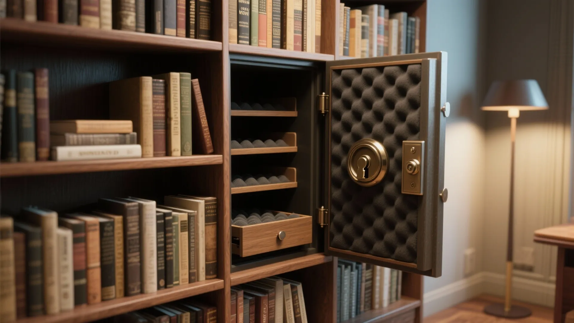 Open security safe hidden inside a wooden bookshelf filled with many books and floor light