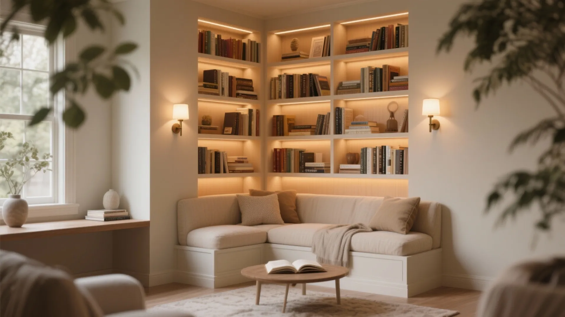 Cozy reading corner with white sofa, built-in bookshelves with warm lights, and small coffee table