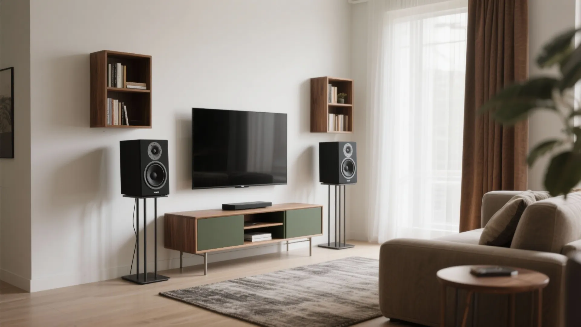 Compact bookshelf speakers on slim stands flanking a TV console in a tidy small living room.