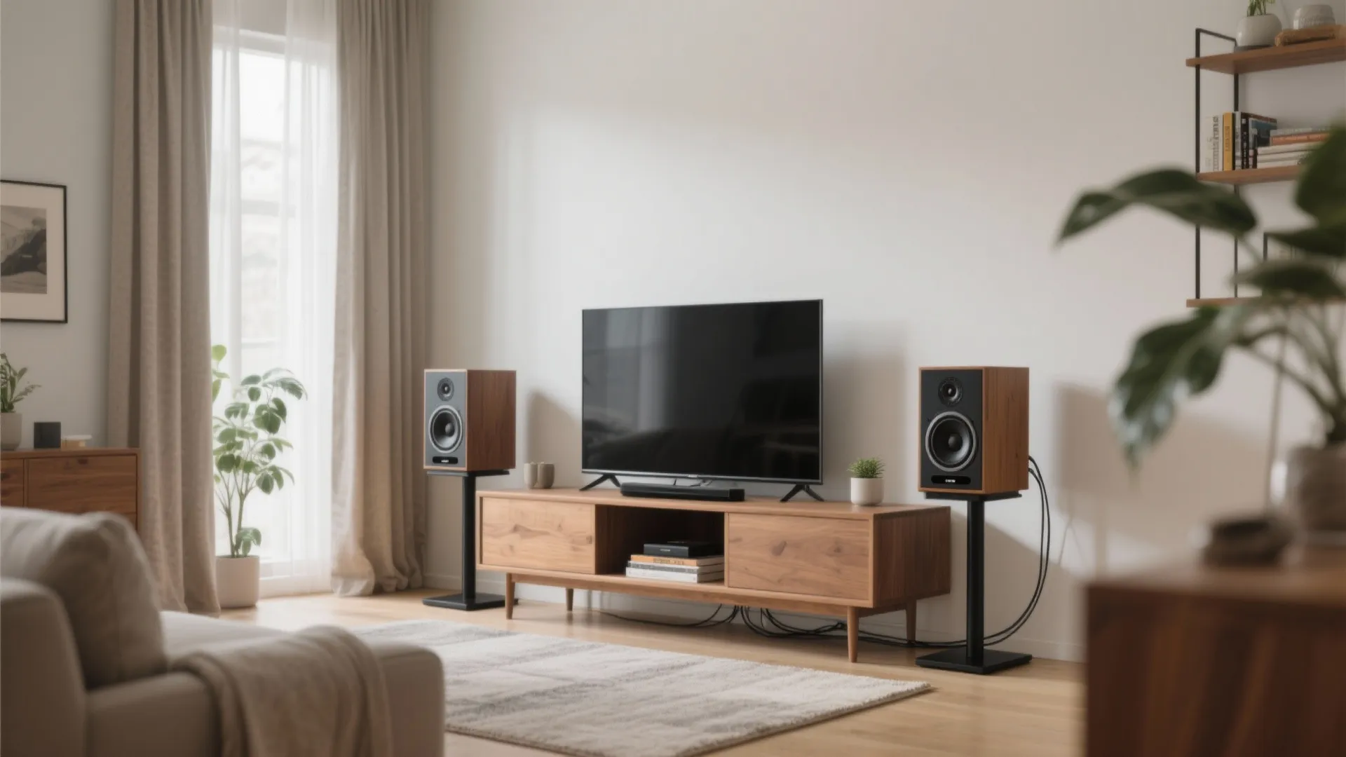 Compact bookshelf speakers on slim stands near a TV console with toe-in and clean styling.
