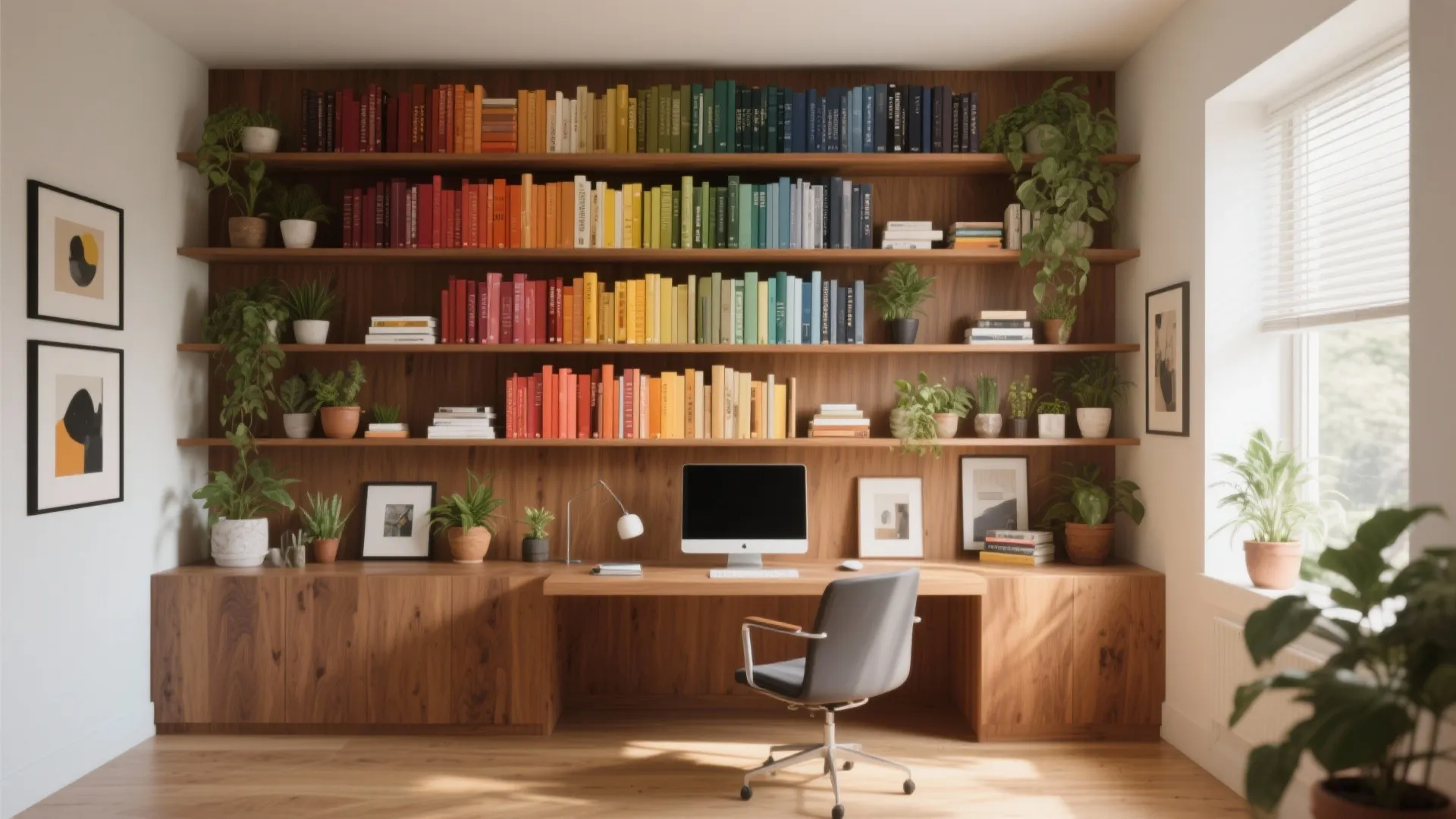 Home office featuring wooden shelves with rainbow books, a desk with computer, chair, and plants