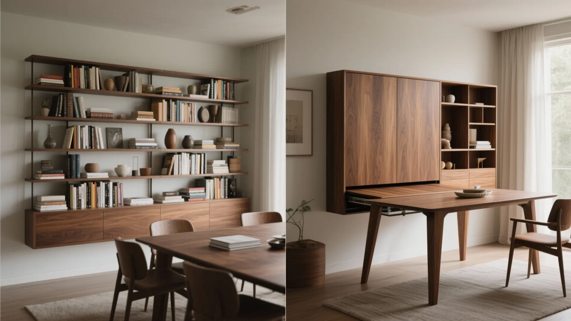 Before and after comparison of a wall cabinet transforming into a wooden dining table setup