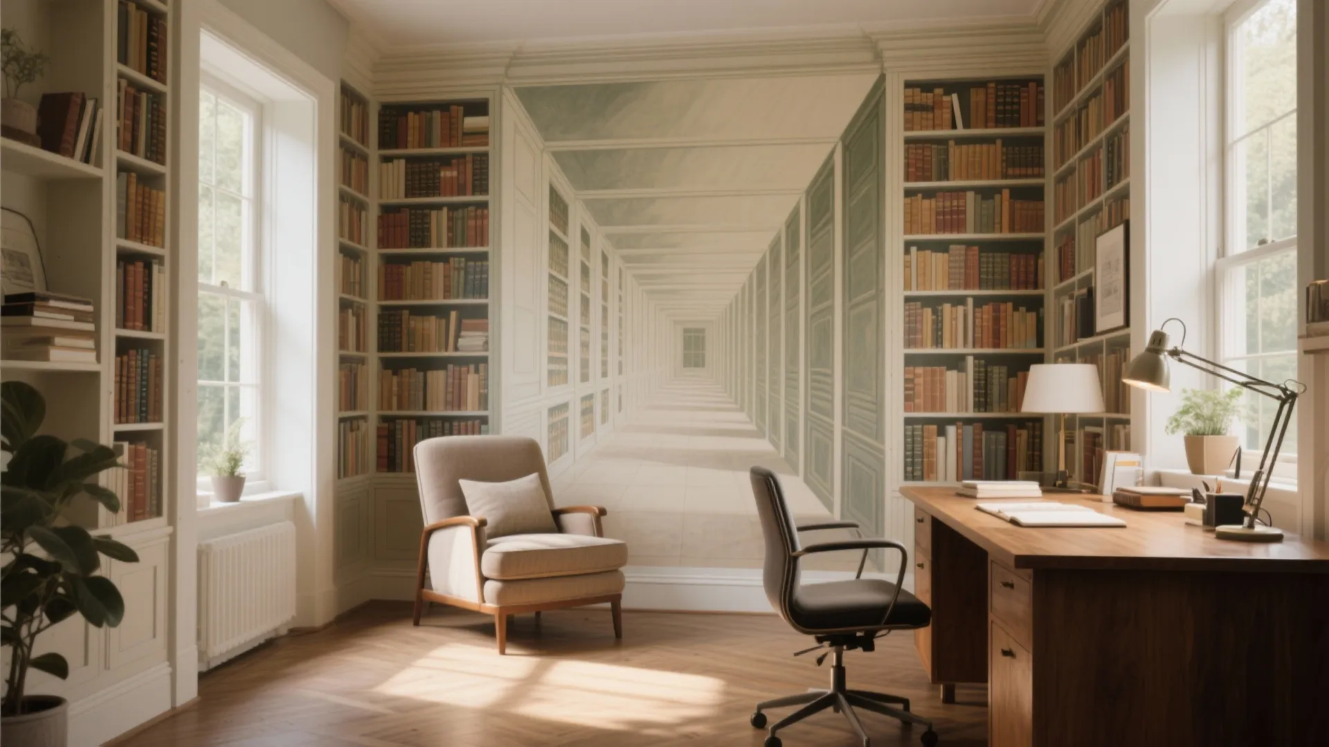 Home office with faux bookshelf trompe-l'œil wallpaper