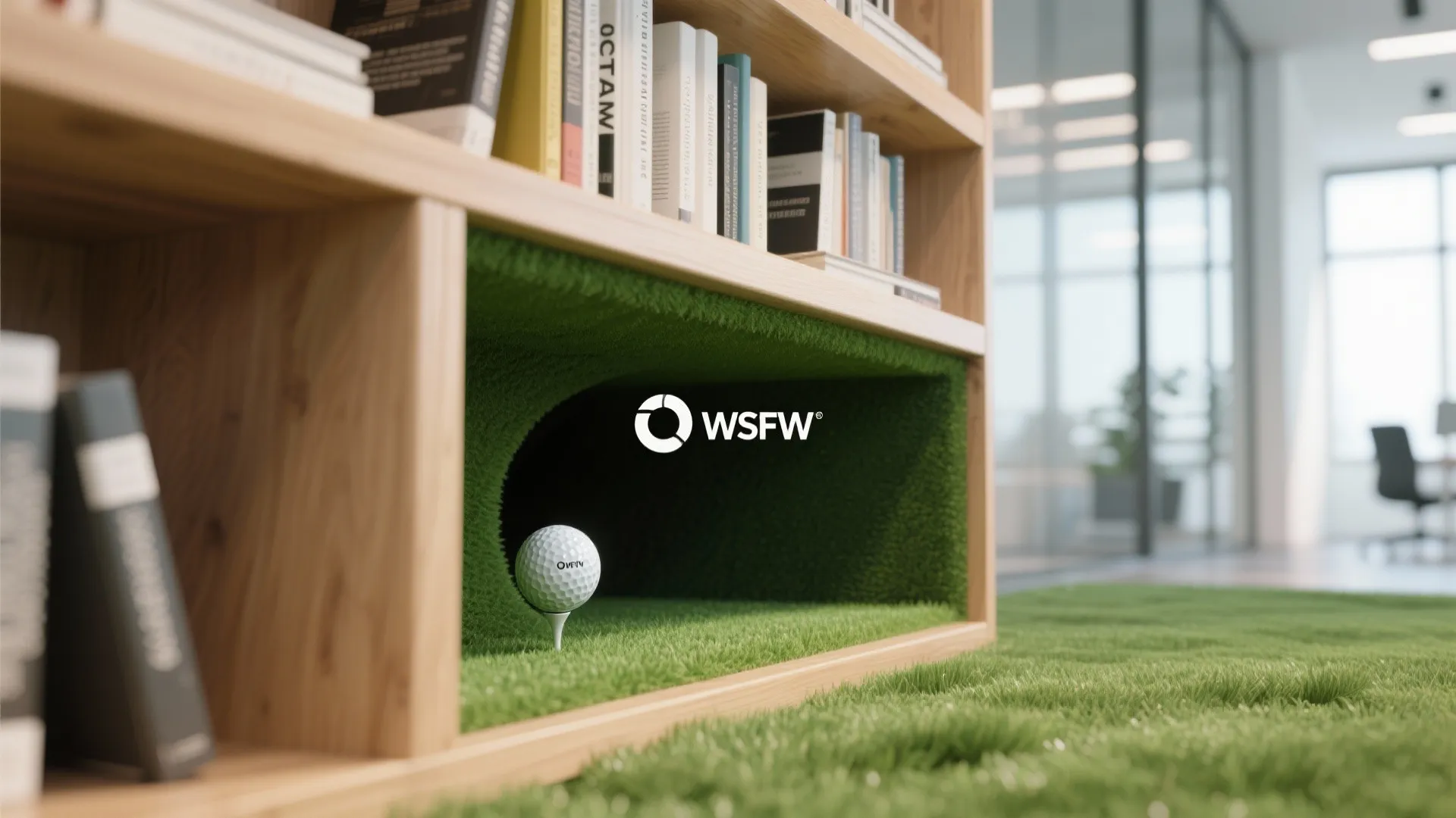Wooden bookshelf with a small grass tunnel for a golf ball and white golf ball