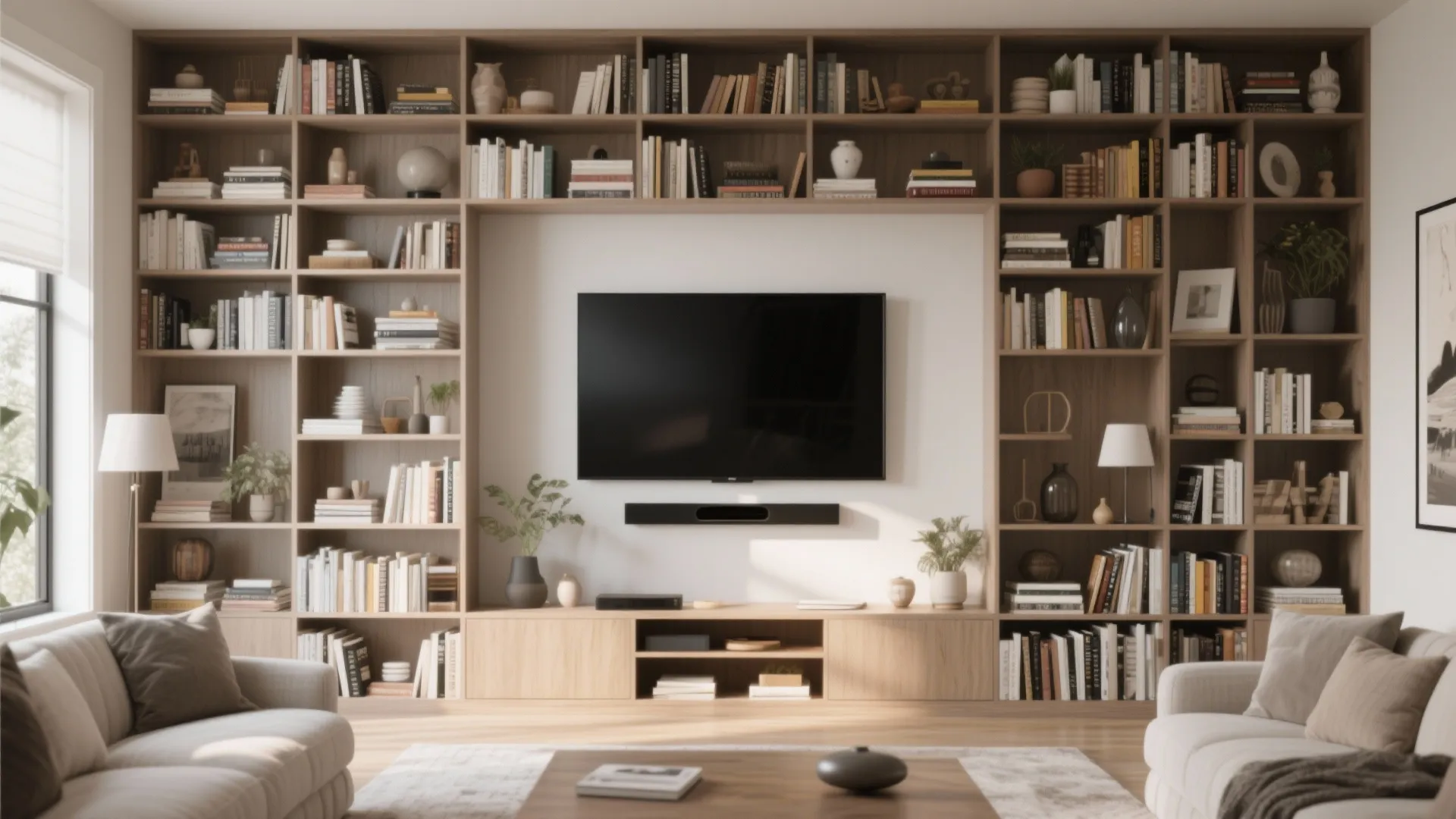 Living room with bookshelf integrated with a central TV stand