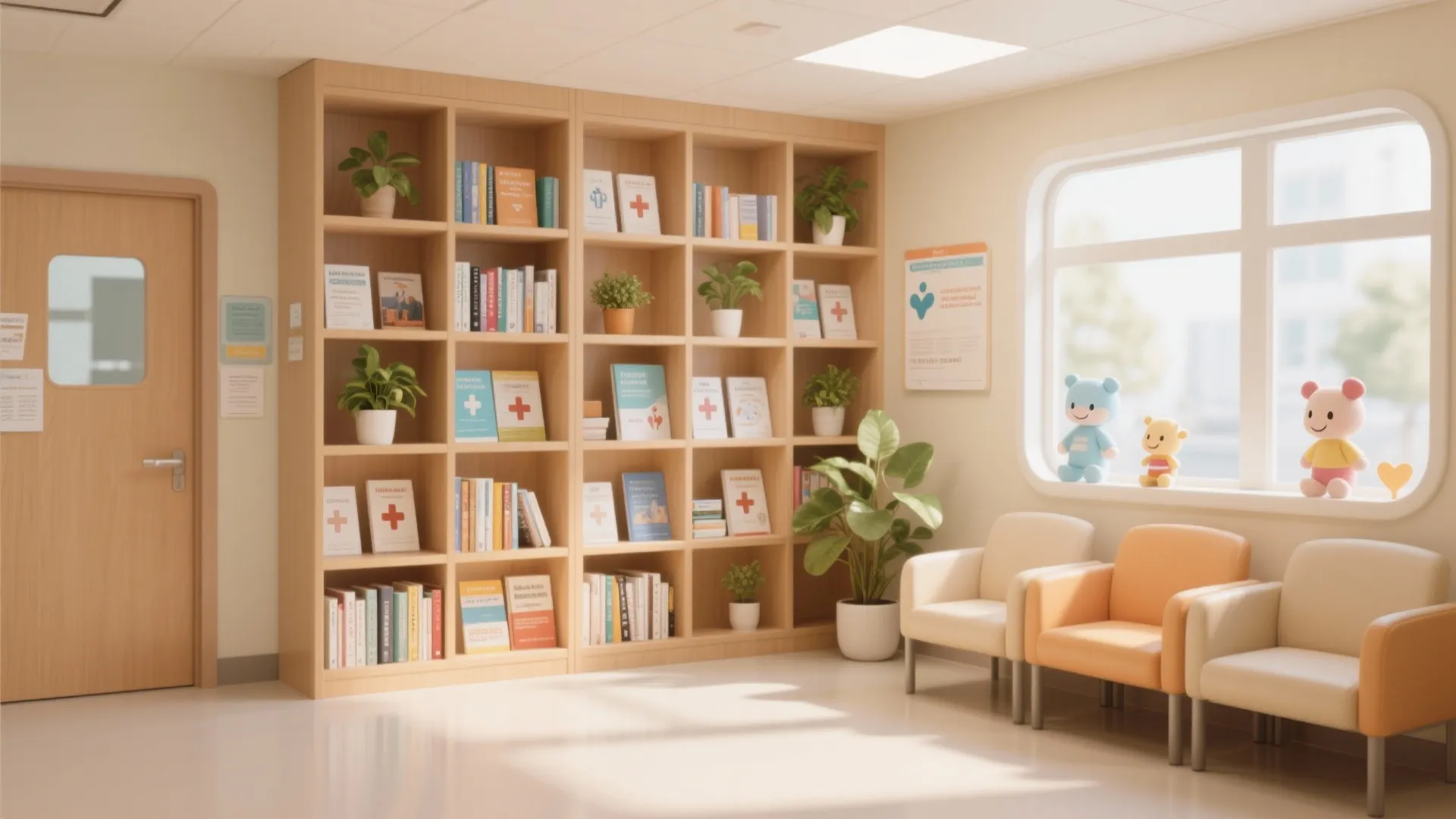 Modern waiting area with wooden bookshelf three chairs large window and soft natural indoor lighting