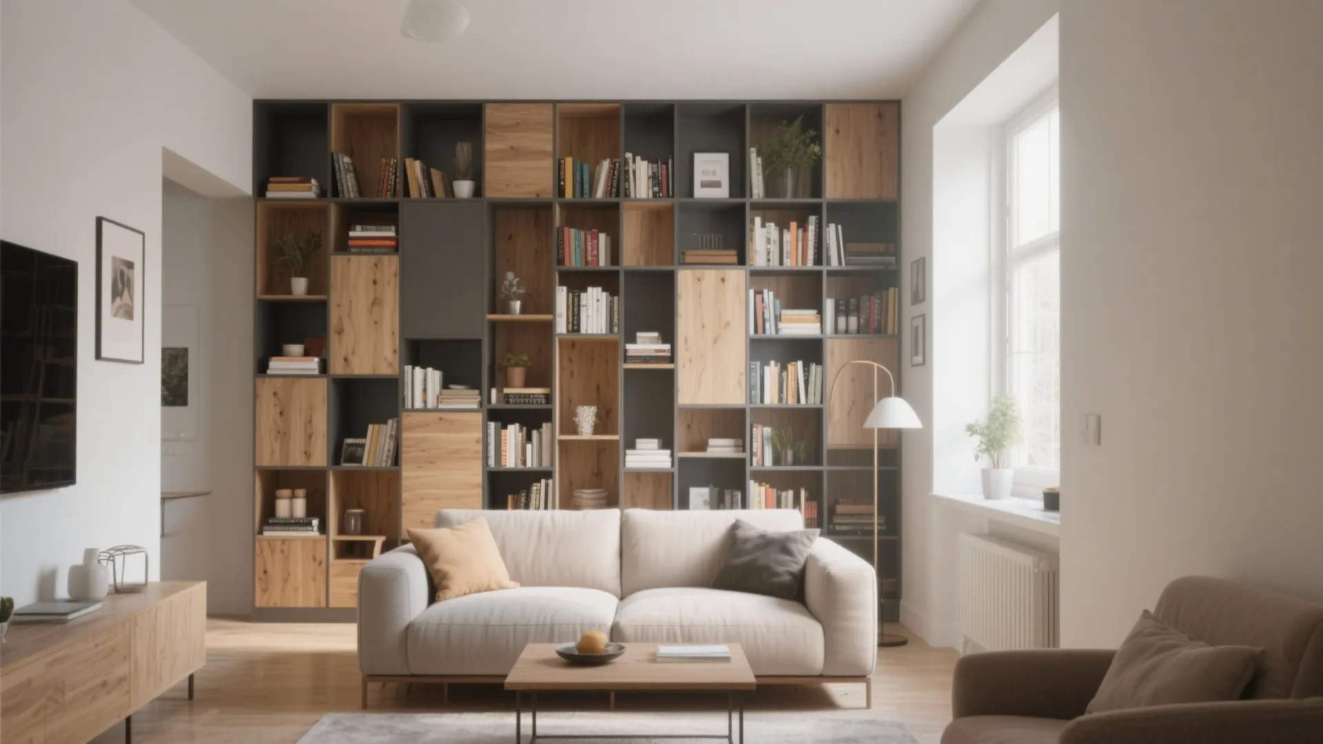 Modern living room featuring large wood bookshelf wall white sofa wooden coffee table and light
