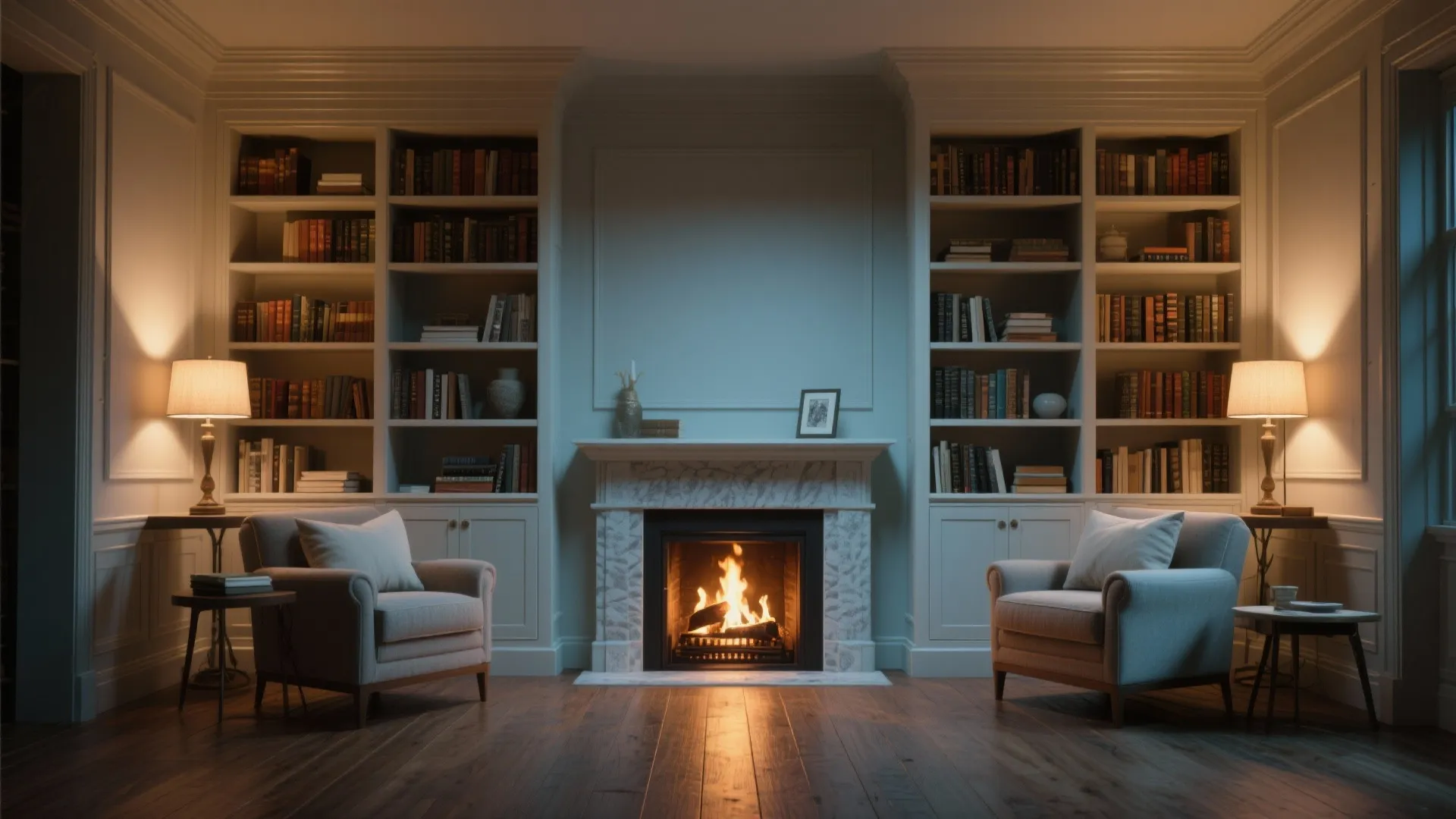 Elegant living room featuring two armchairs white bookshelves fireplace wood floor and warm wall lights