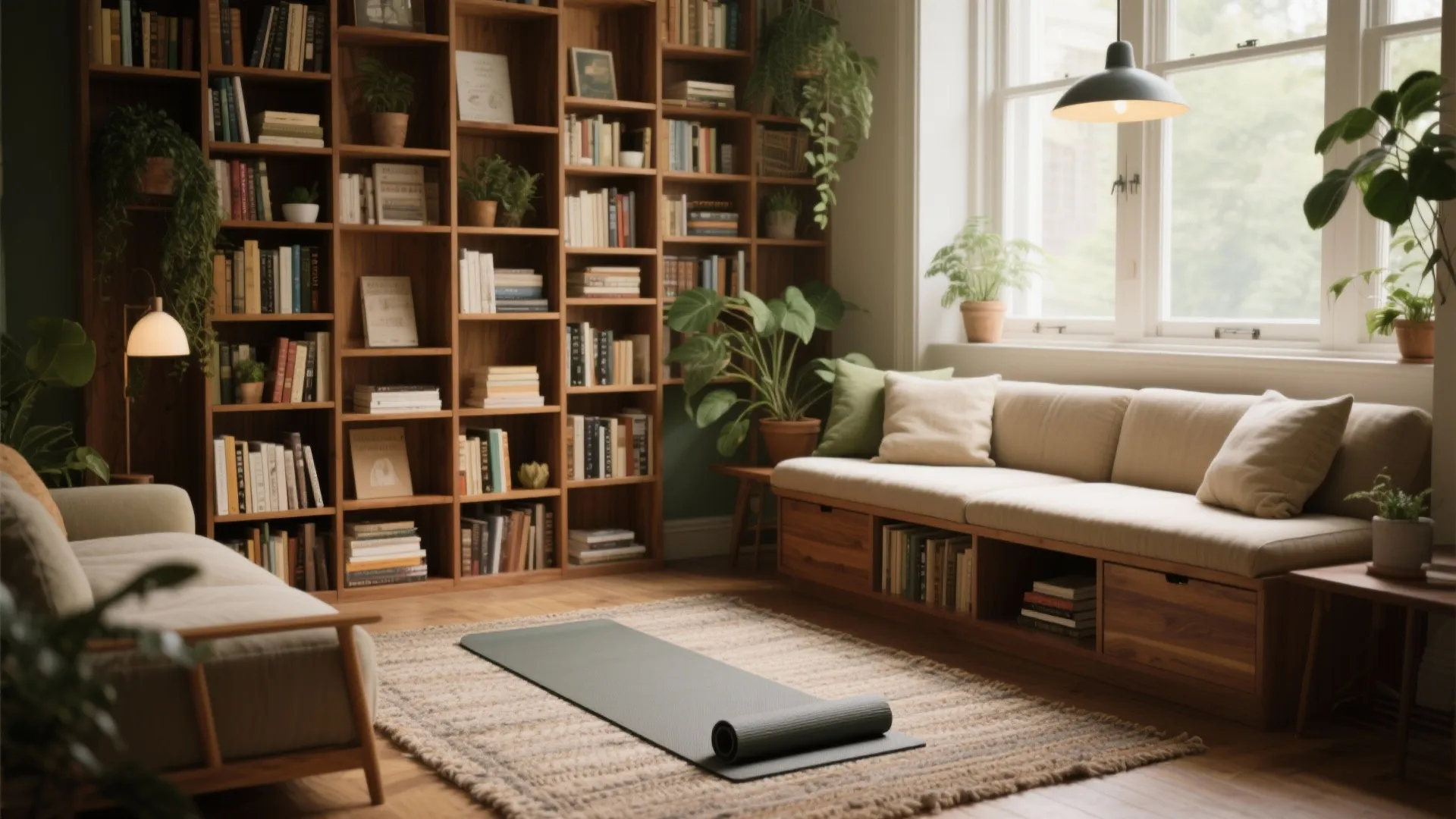 Cozy living room with large wooden bookshelf tan sofa green plants and black ceiling light fixture